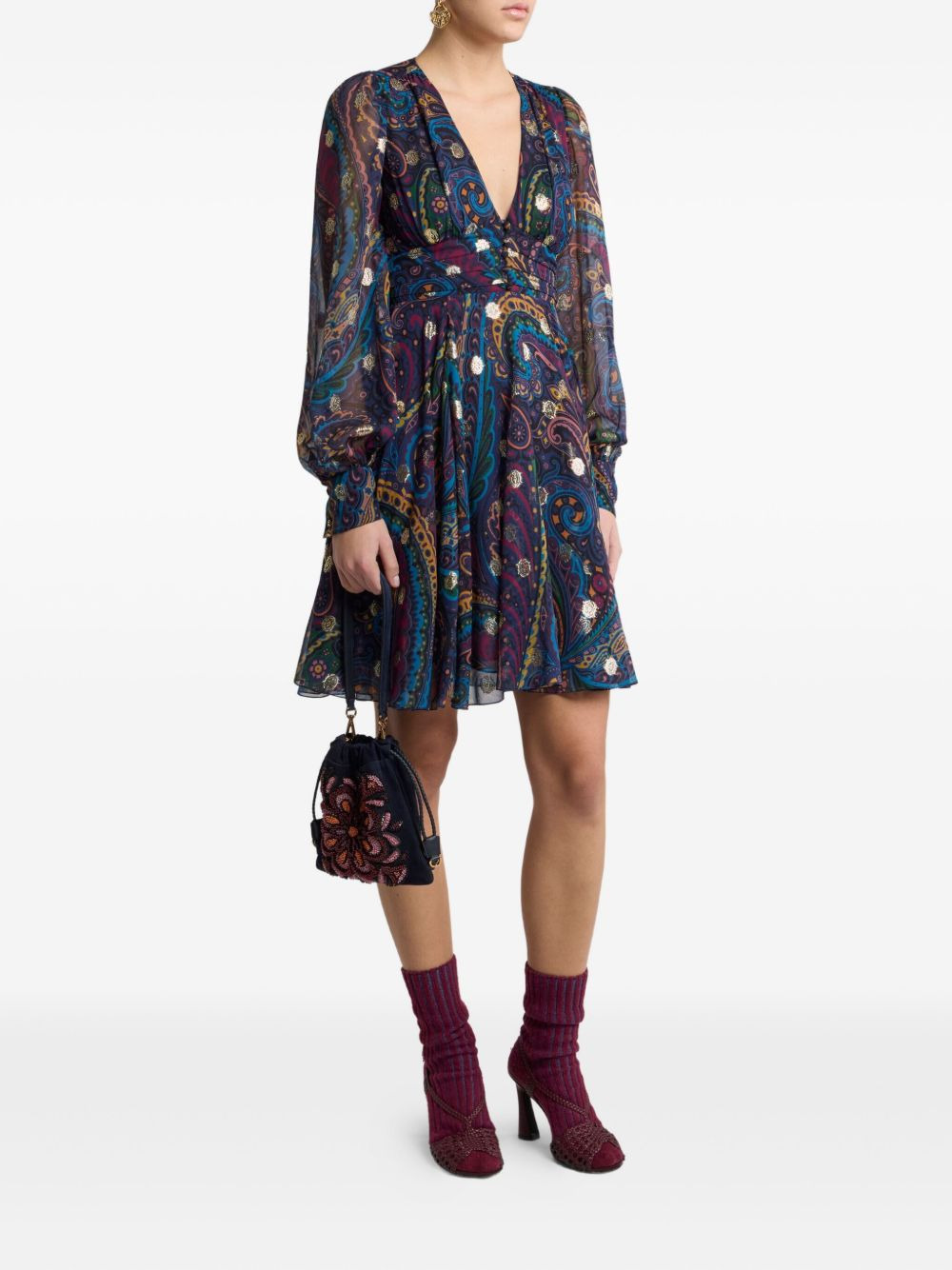 paisley-print V-neck mini day dress - 2