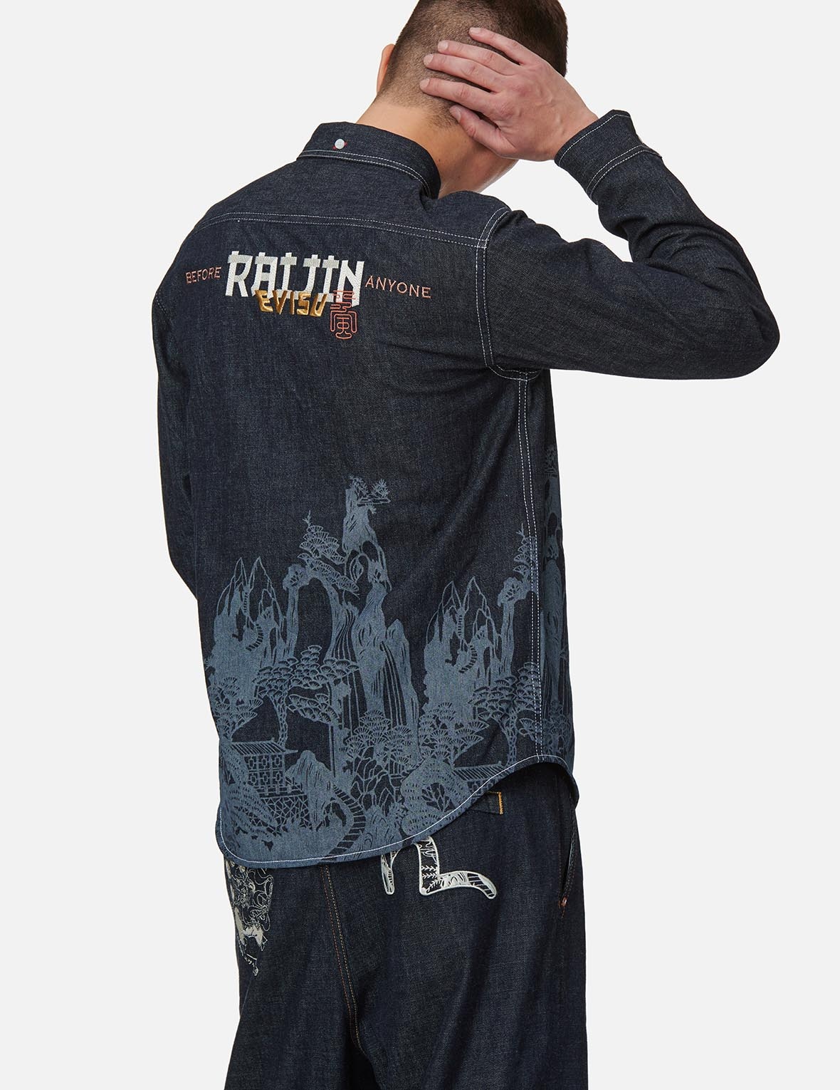LANDSCAPE MOTIF DISCHARGED DENIM SHIRT - 4