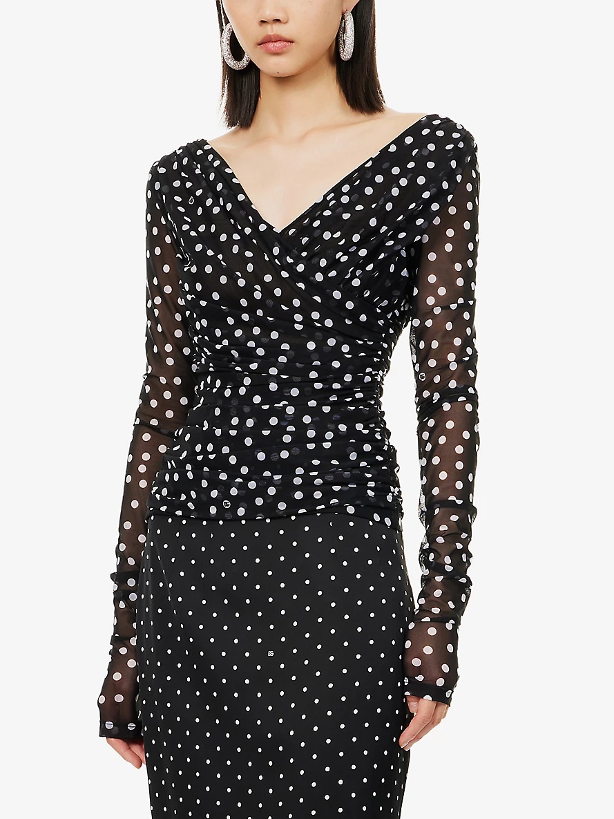 Polka dot-print off-the-shoulder stretch-woven top - 3