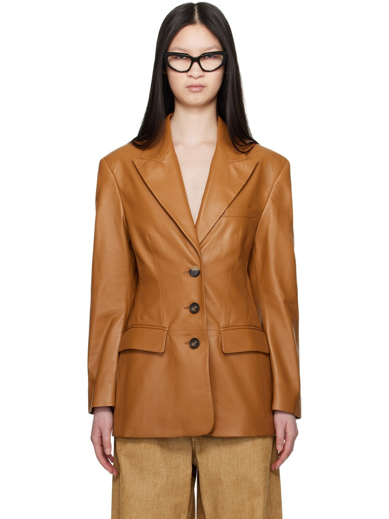 Brown Peaked Lapel Leather Jacket - 1