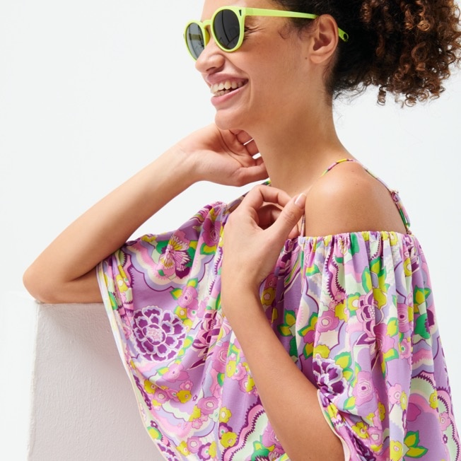 Women Off the Shoulder Short Dress Rainbow Flowers - 7