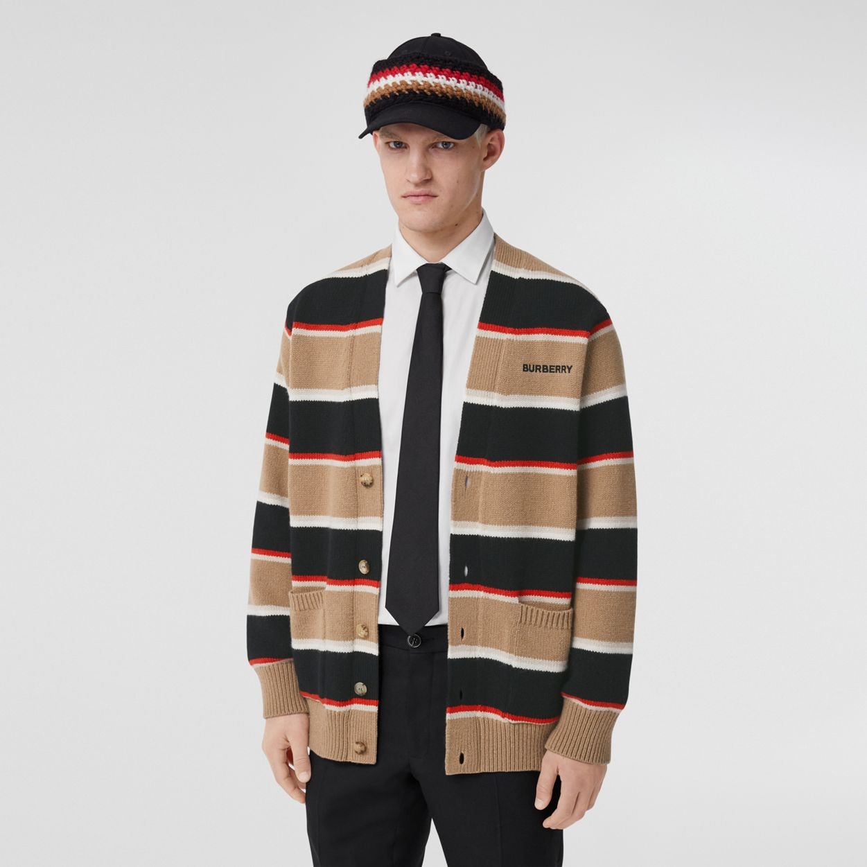 Embroidered Logo Stripe Wool Cashmere Cardigan - 5