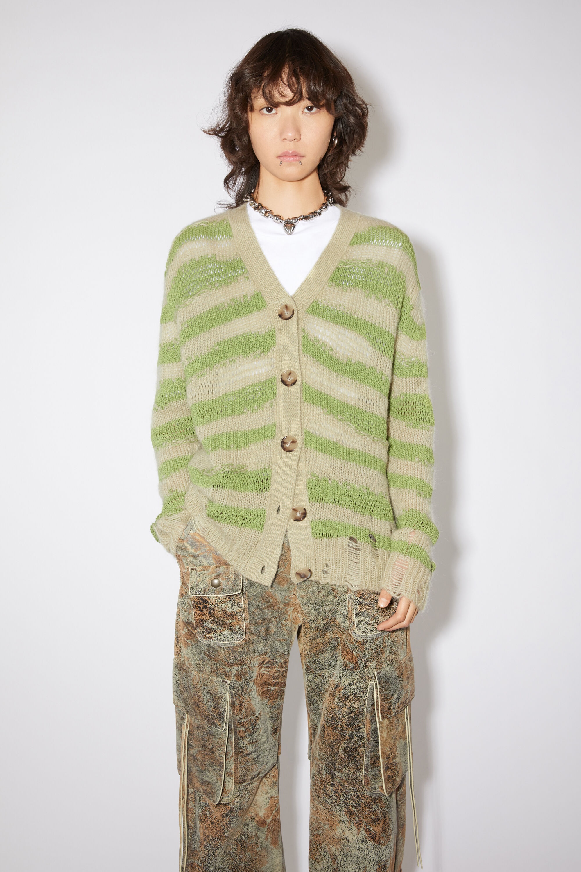 Distressed stripe cardigan - Sage green/apple green - 2