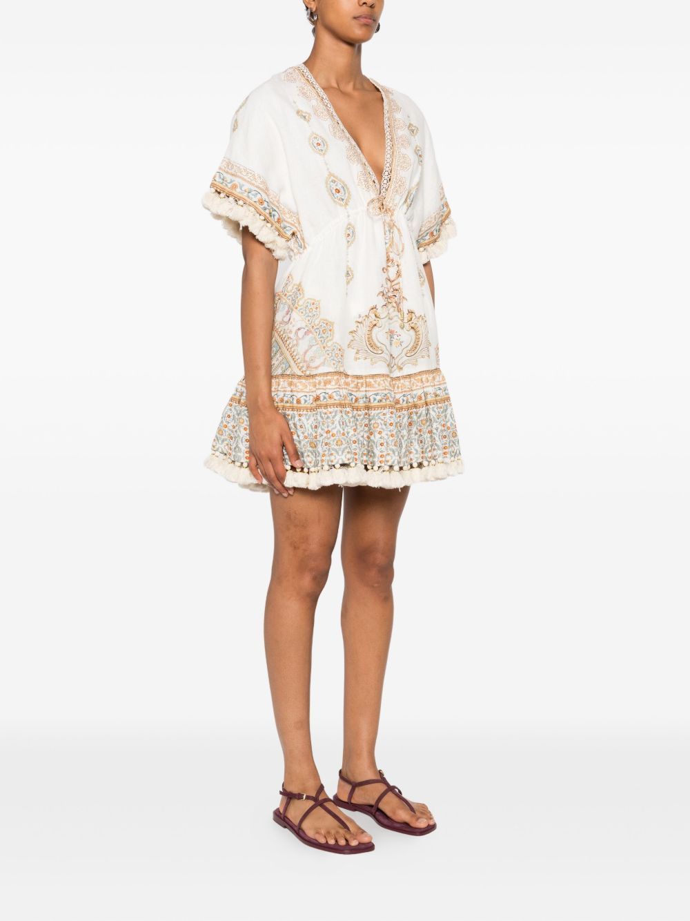 pom-pom trim V-neck mini dress - 3