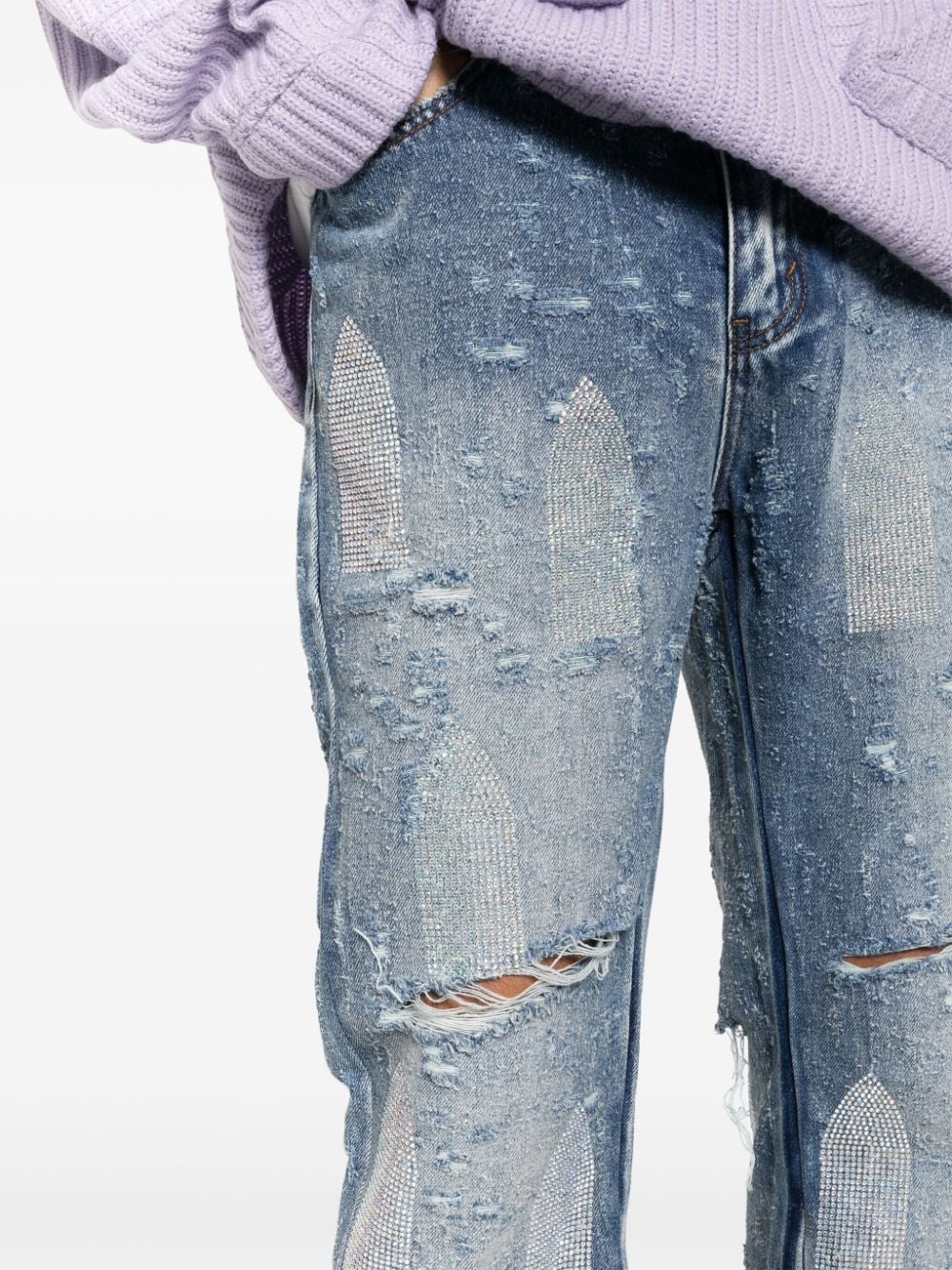 rhinestoned distressed straight-leg jeans - 5