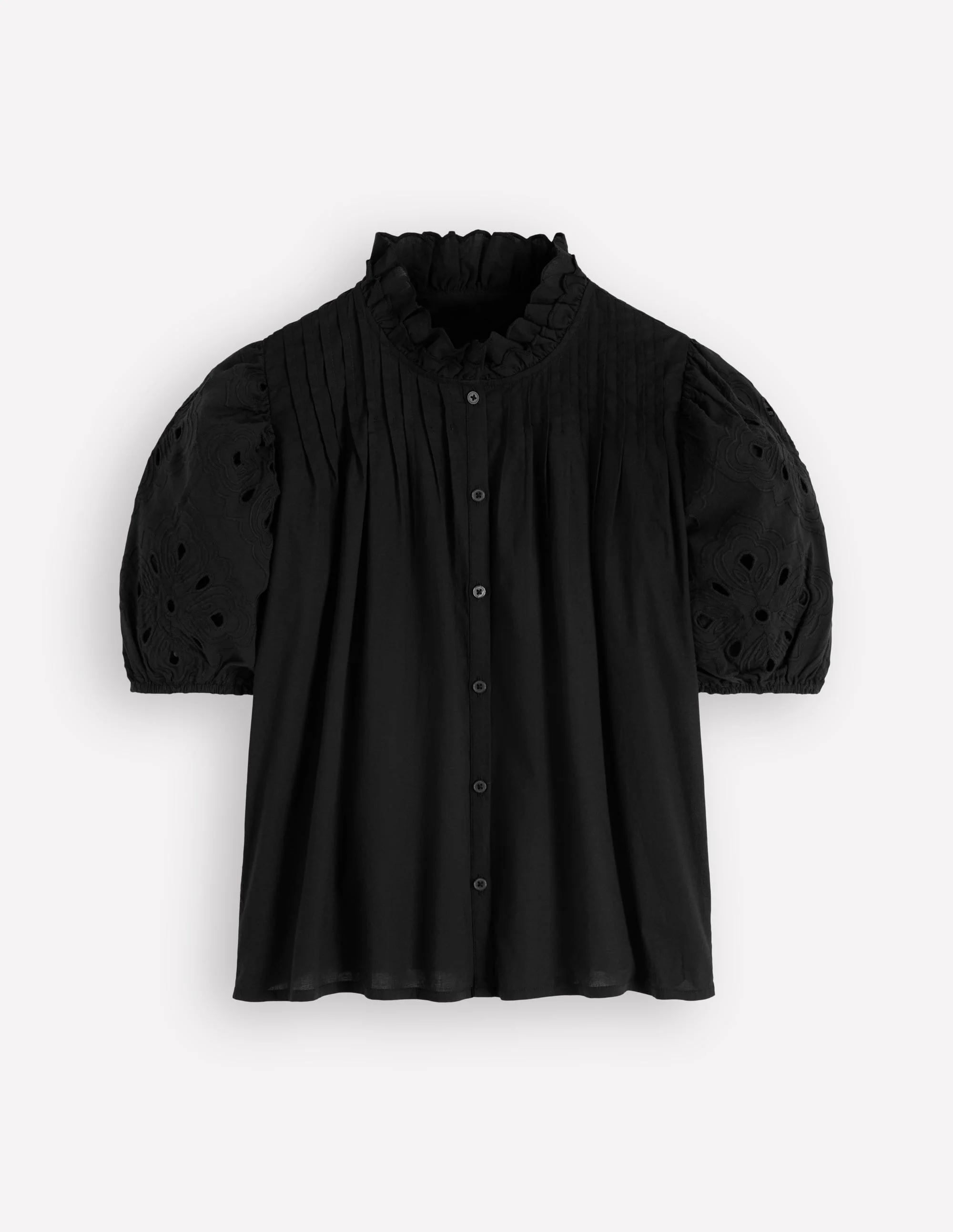 Cutwork Puff Sleeve Top-Black - 1