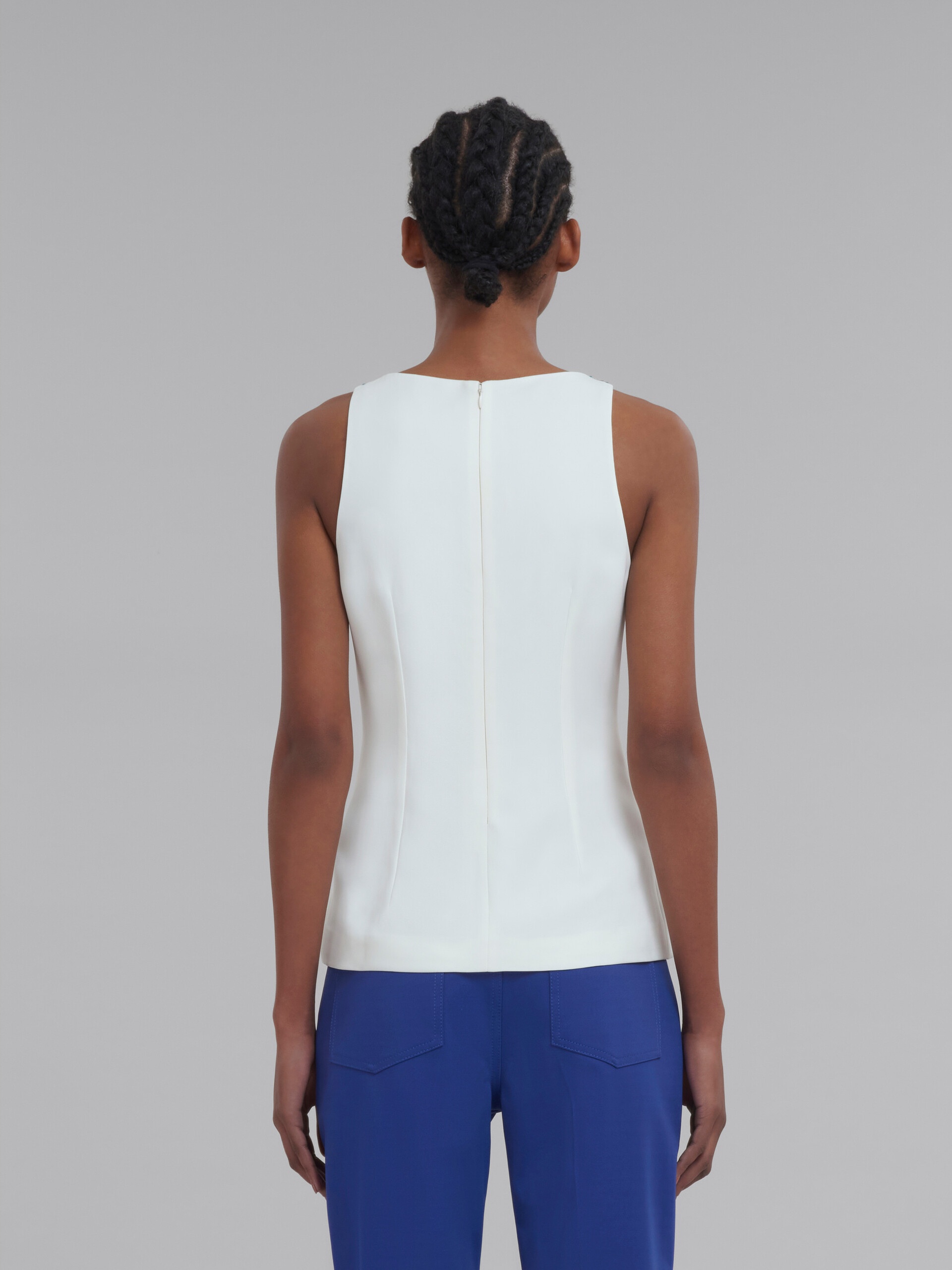 WHITE STRETCH CADY TOP WITH BEADED NECKLINE - 3