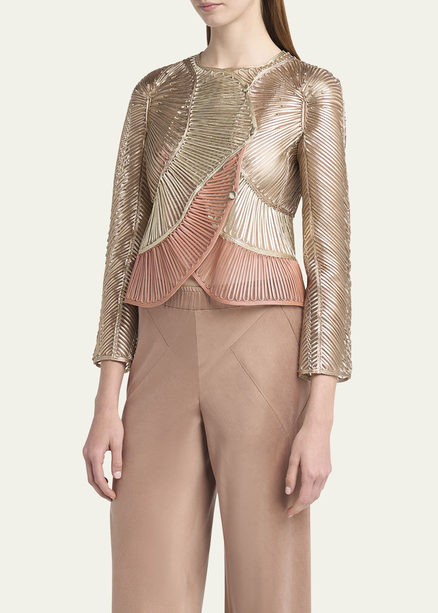 Metallic Soutache Two-Tone Leather Jacket - 4