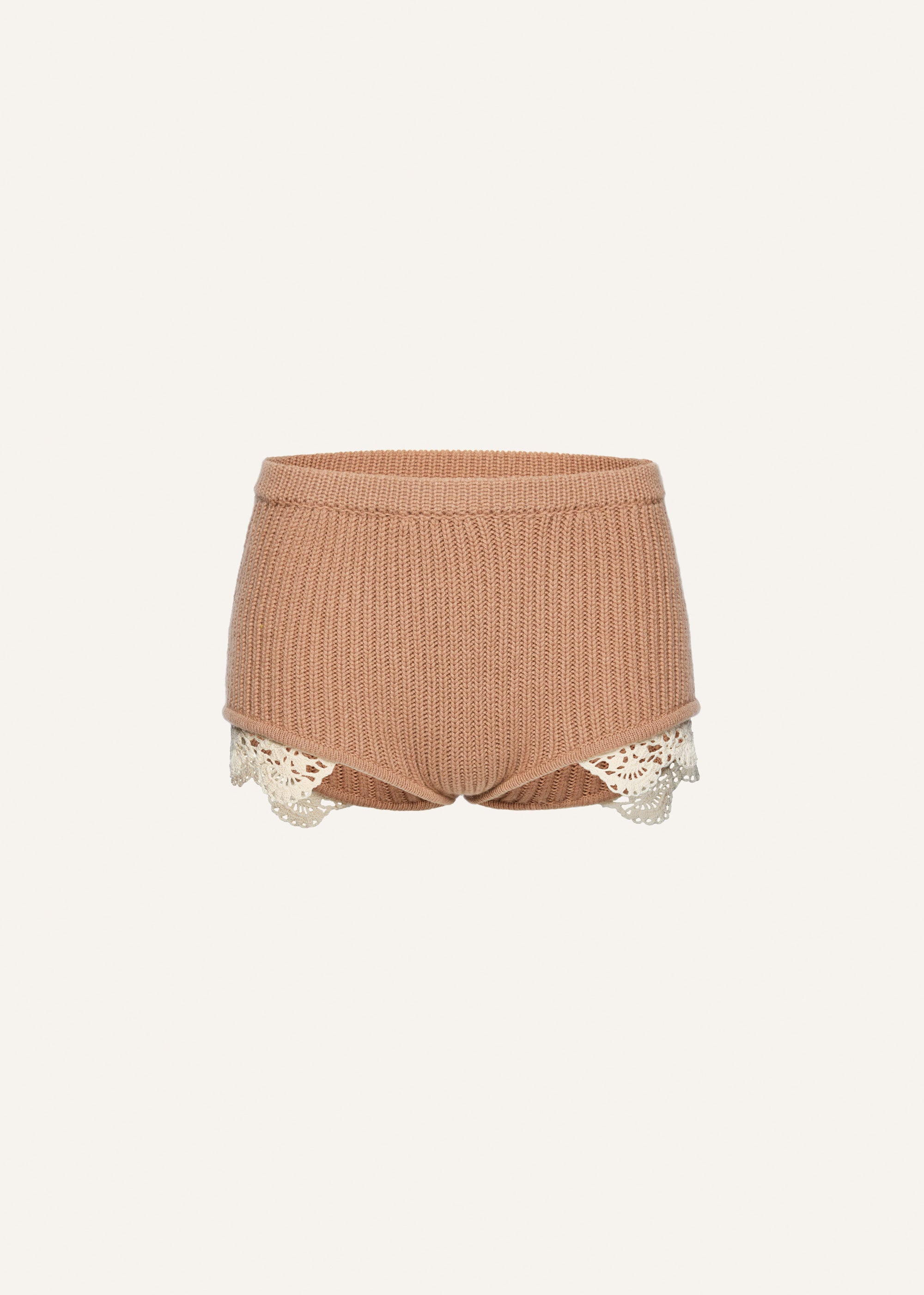Lace detail ribbed knitwear shorts in caramel - 1