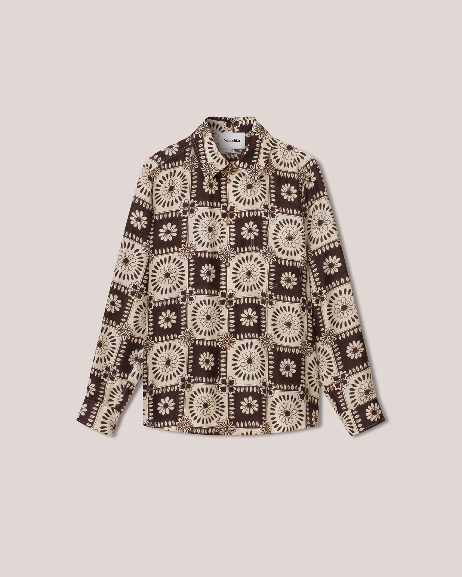 JOSIA - Twill-silk tile print shirt - Brown - 1