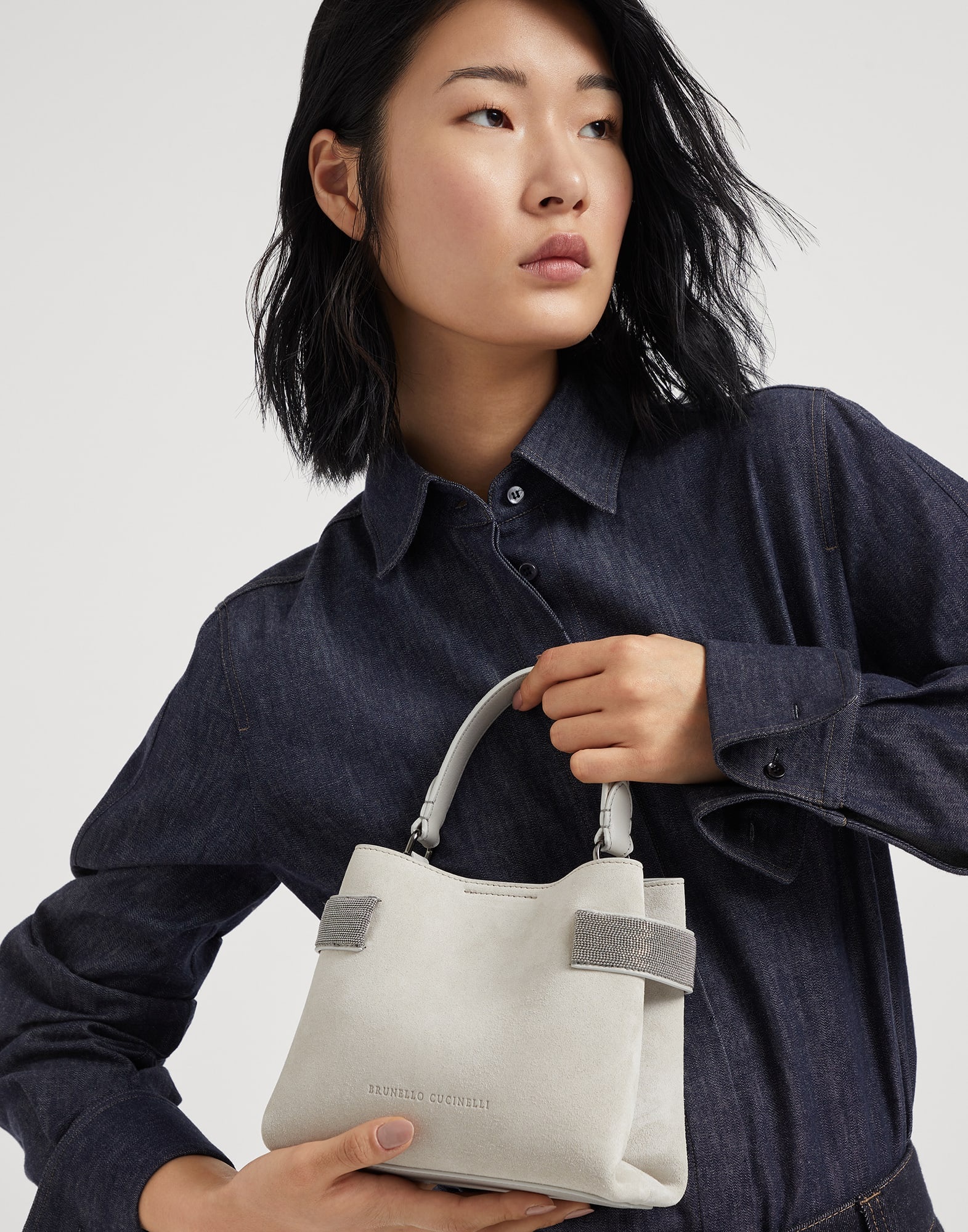 Essence small top-handle bag in suede with precious bands - 4
