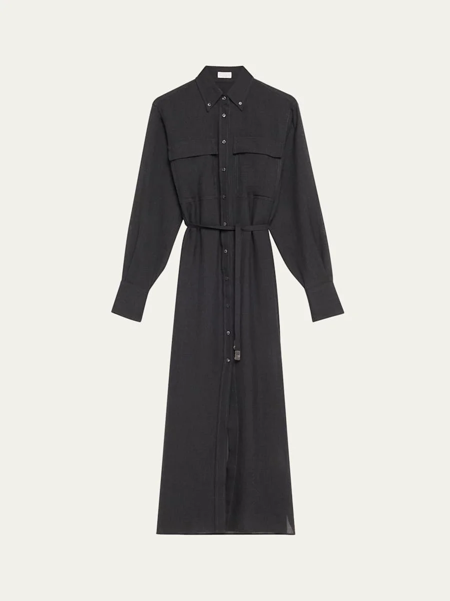 Long Wool Gauze Shirt Jacket Dress with Waist Tie - 1