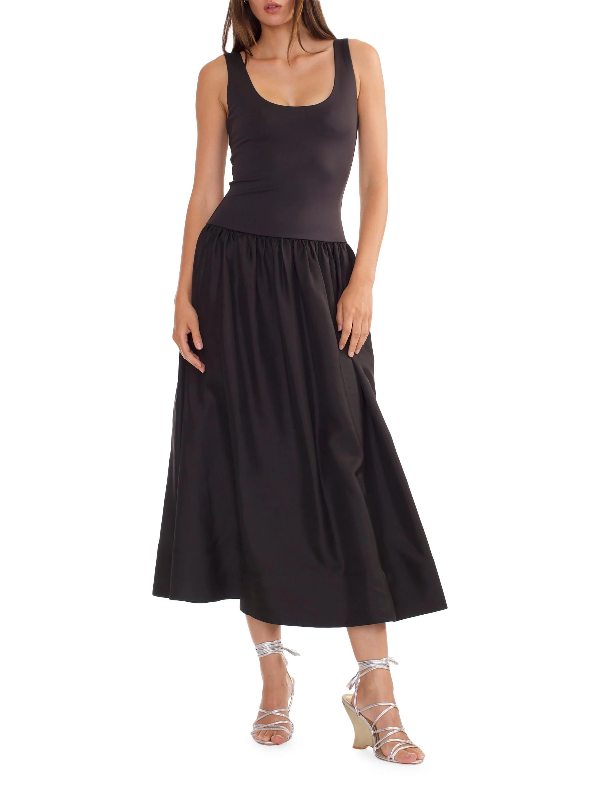 Women's Mixed Media Dropwaist A-Line Midi-Dress - Black - 1