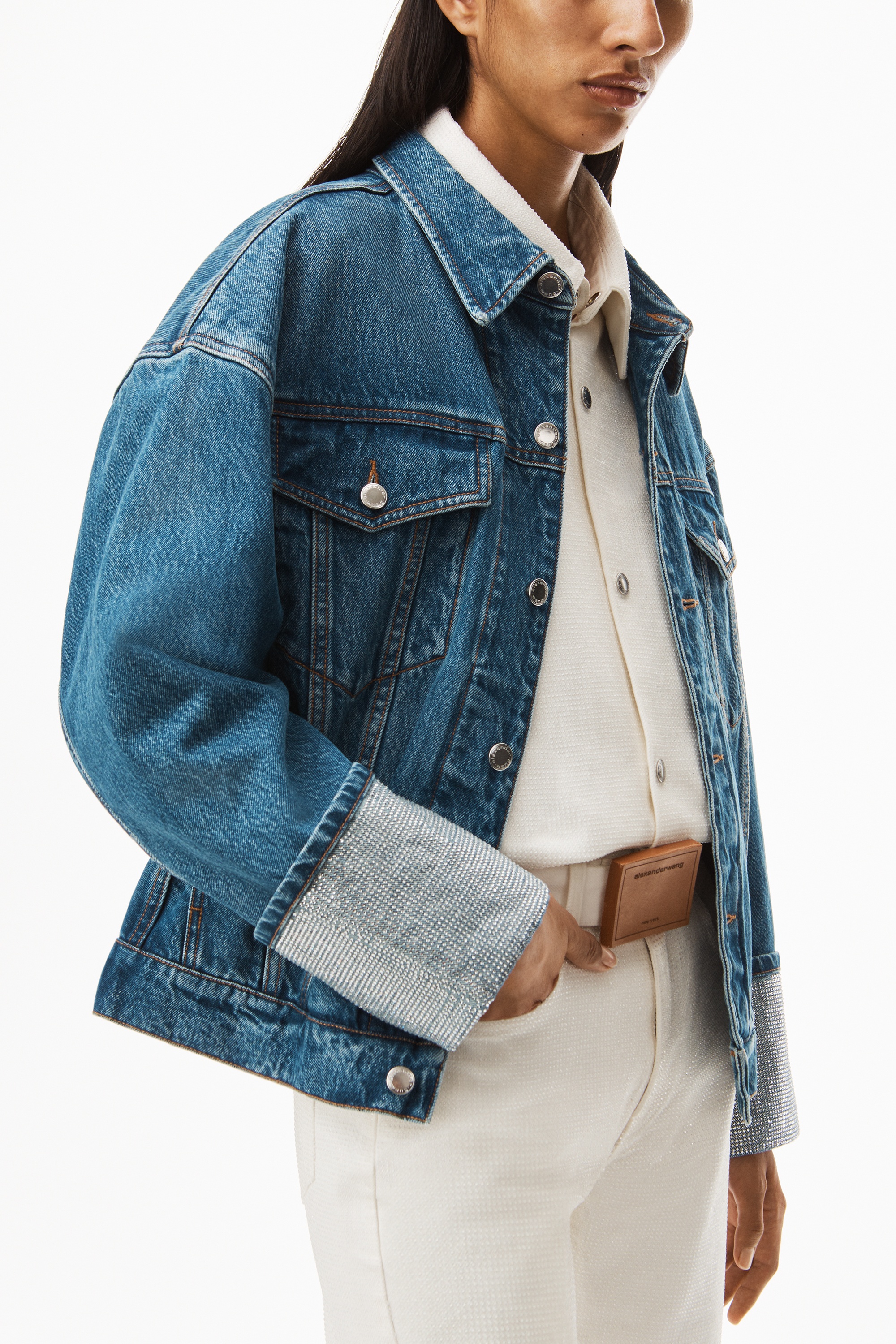 CRYSTAL CUFF TRUCKER JACKET IN DENIM - 3