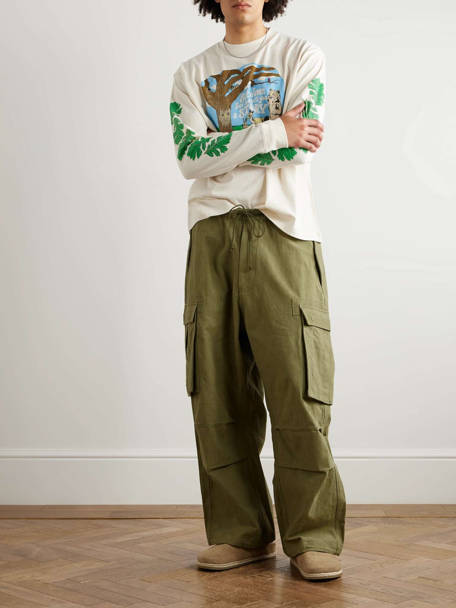 Peace Wide-Leg Slub Organic Cotton Drawstring Cargo Trousers - 2