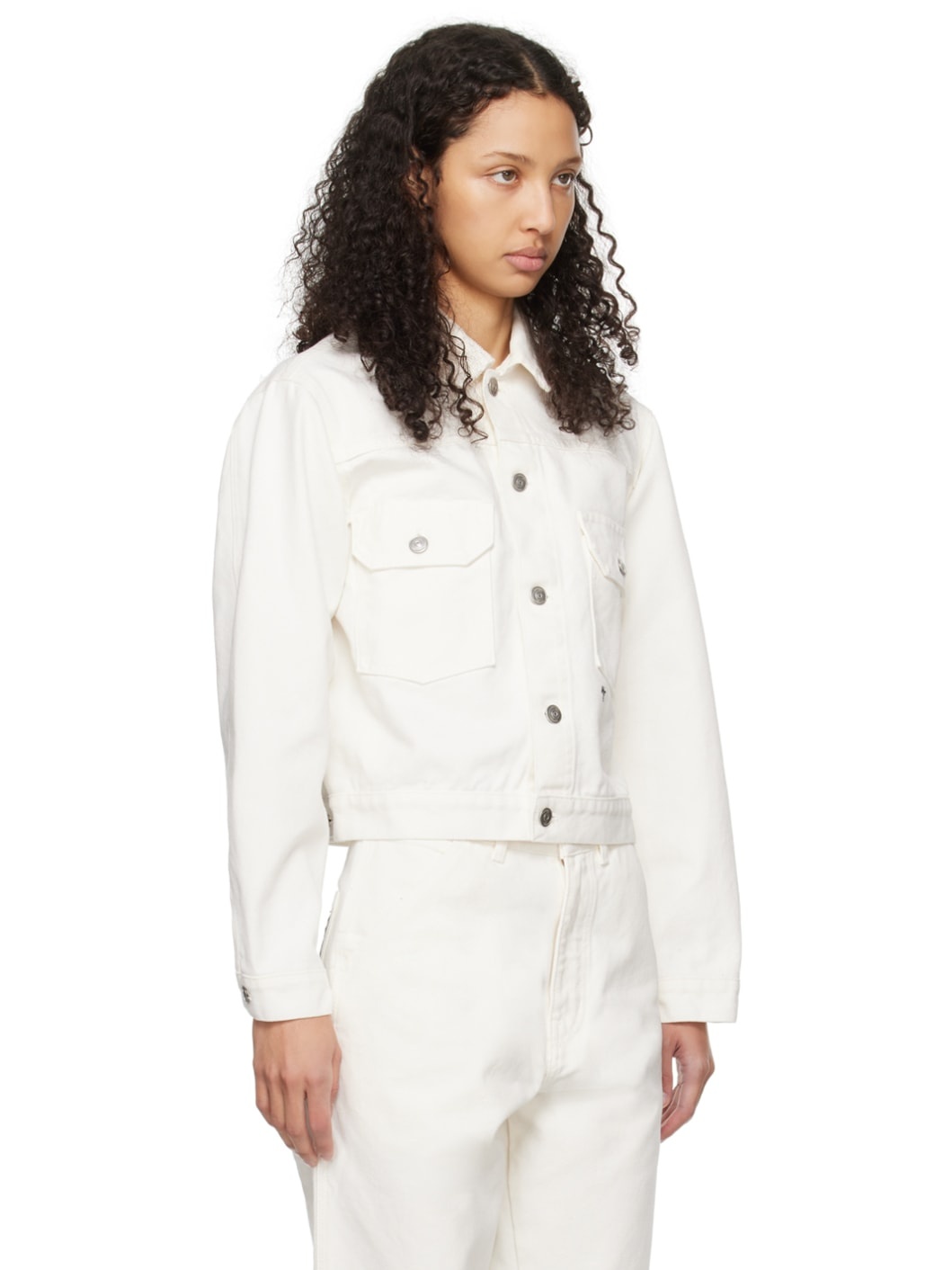 White Spread Collar Denim Jacket - 2