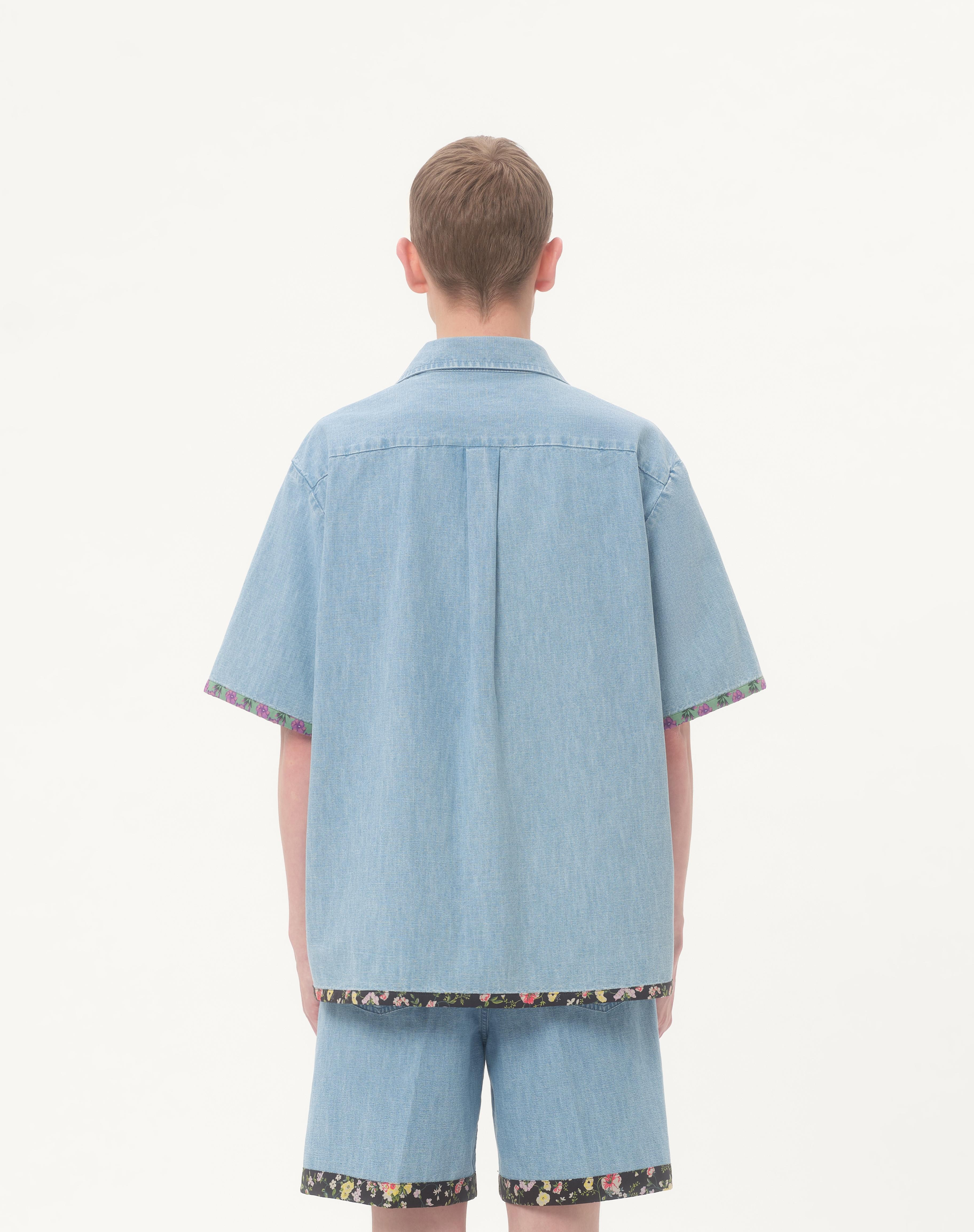 DENIM BOWLING SHIRT WITH FLORAL PRINT TRIM - 7