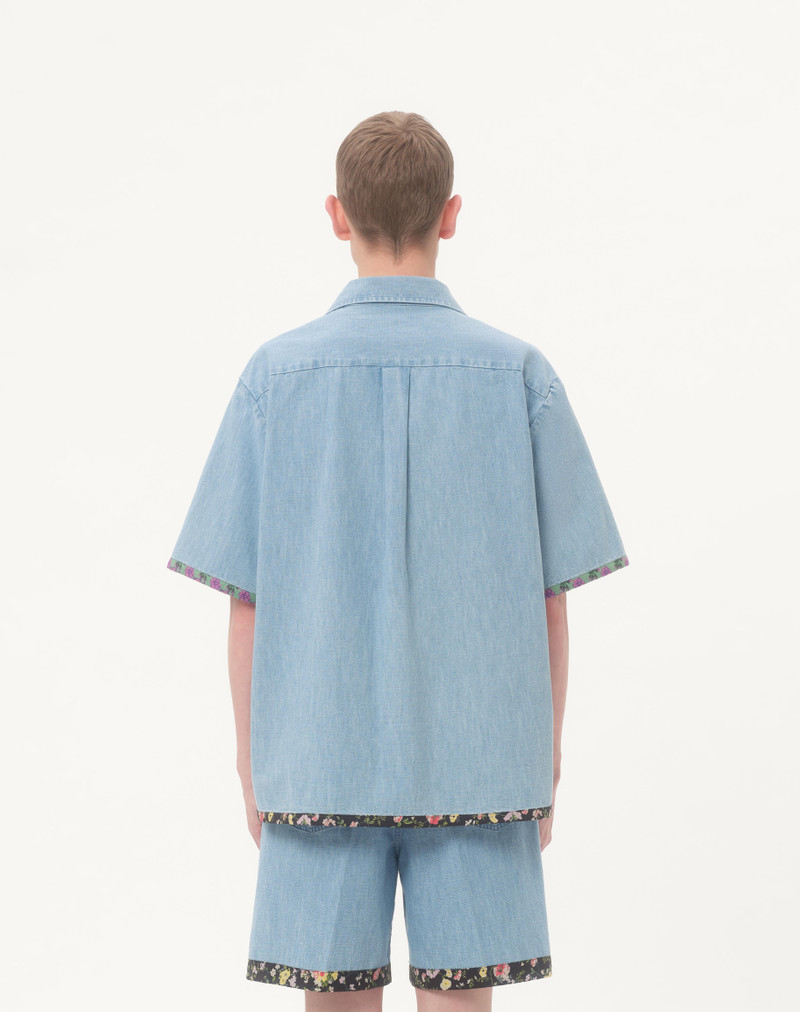 DENIM BOWLING SHIRT WITH FLORAL PRINT TRIM 7