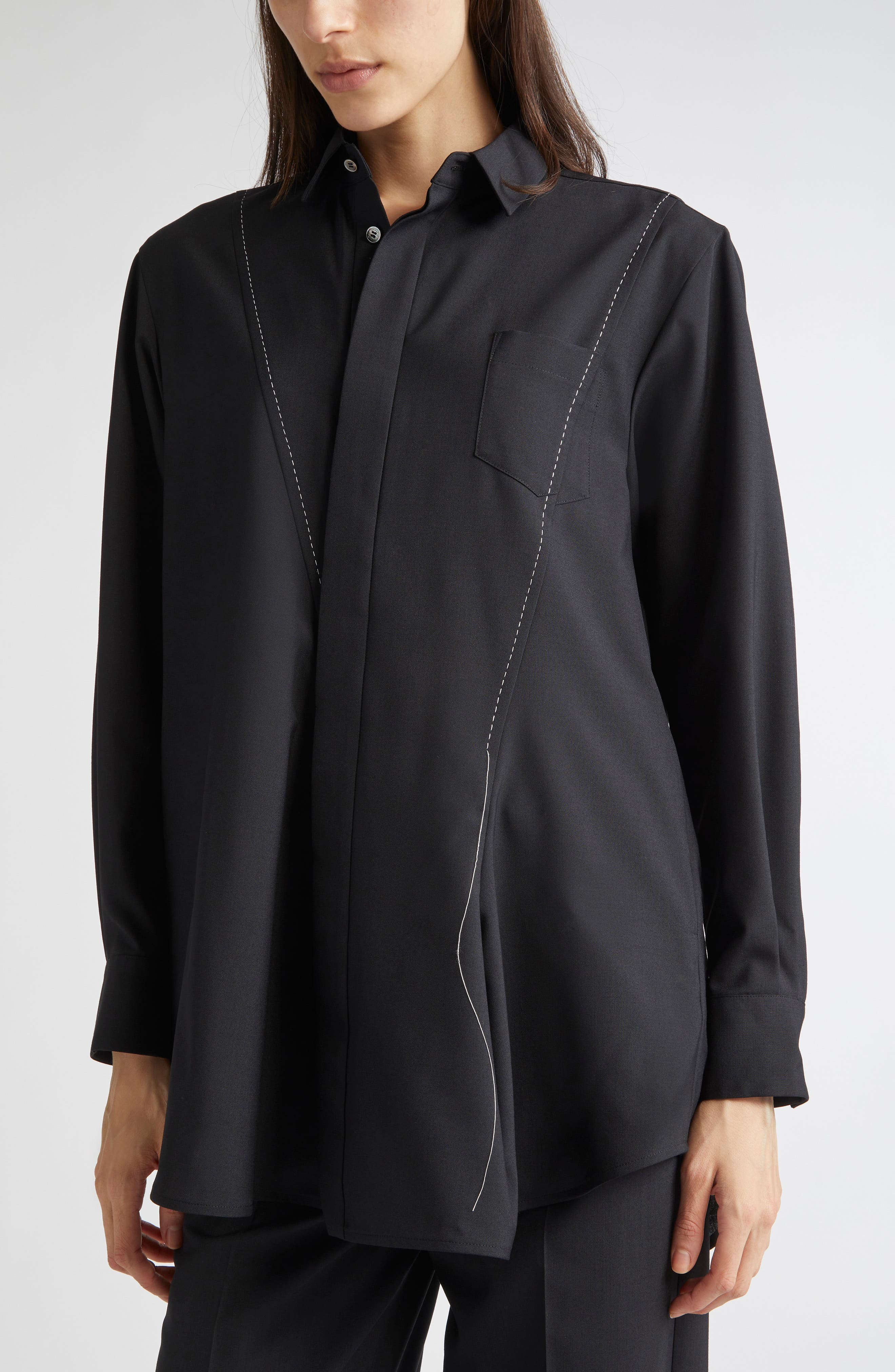 Sacai Suiting Fabric Button-Up Shirt in Black at Nordstrom - 5