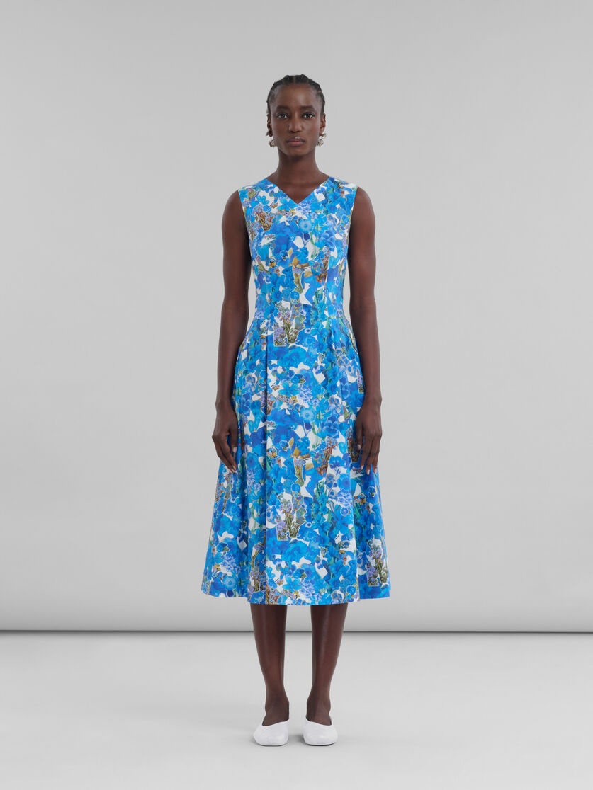BLUE COTTON A-LINE DRESS WITH COLLAGE PRINT - 2