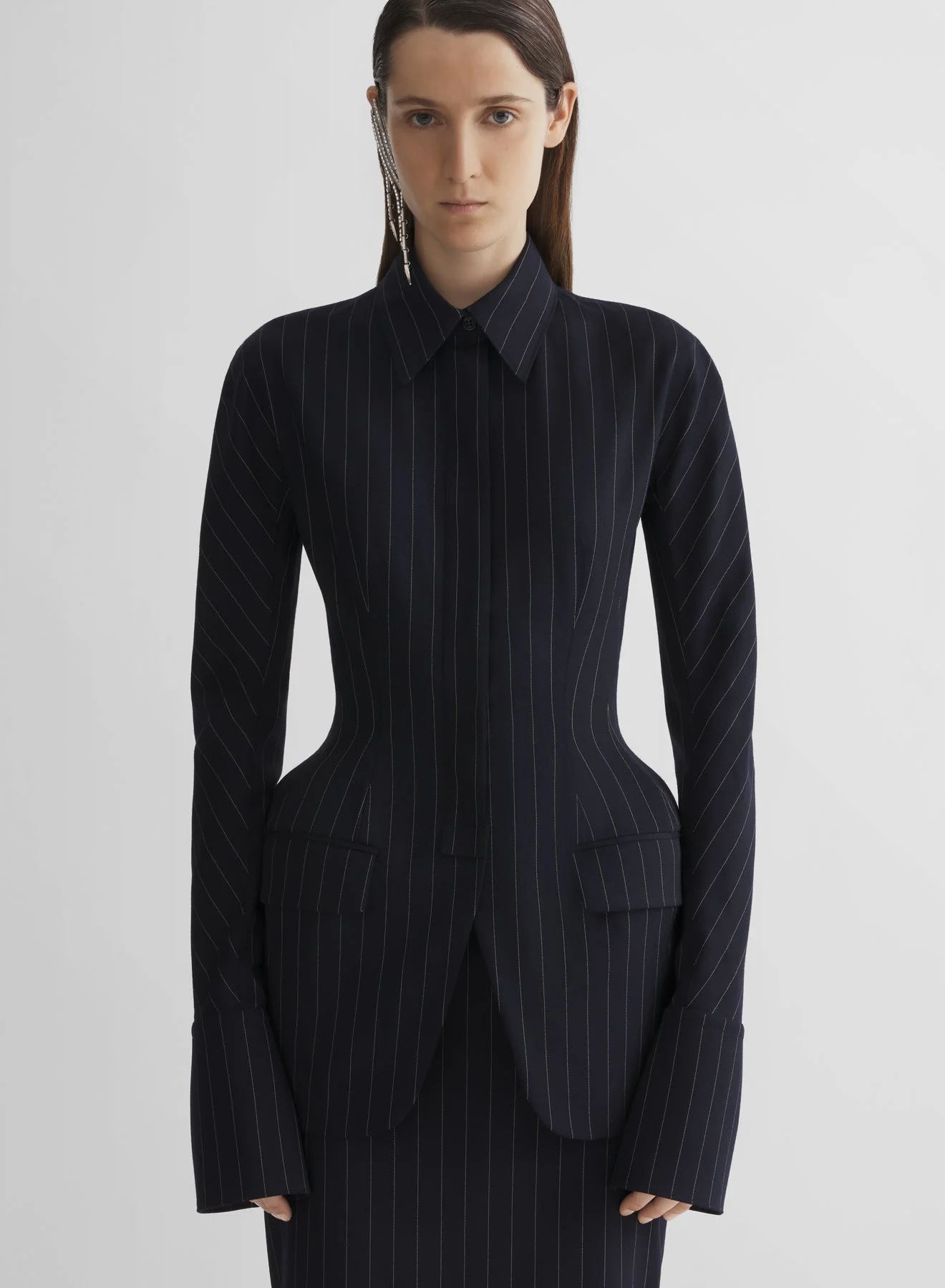 navy pinstripe hourglass shirt jacket - 1