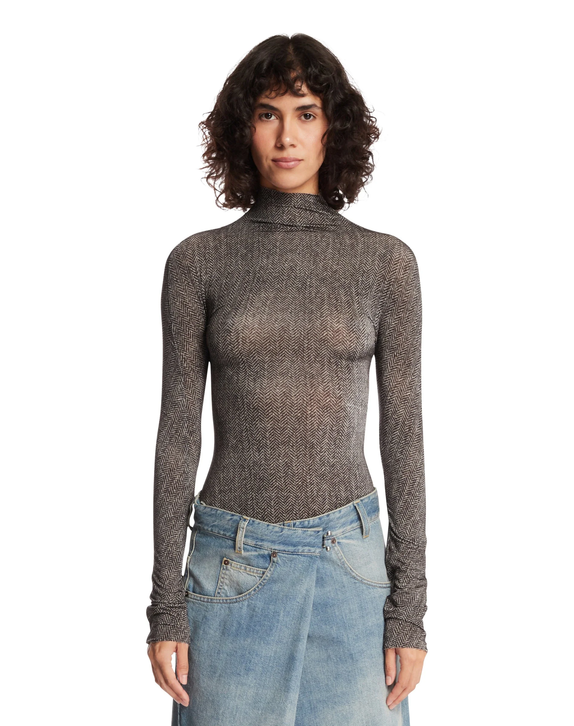 Gray Chevron Sheer Bodysuit - 1