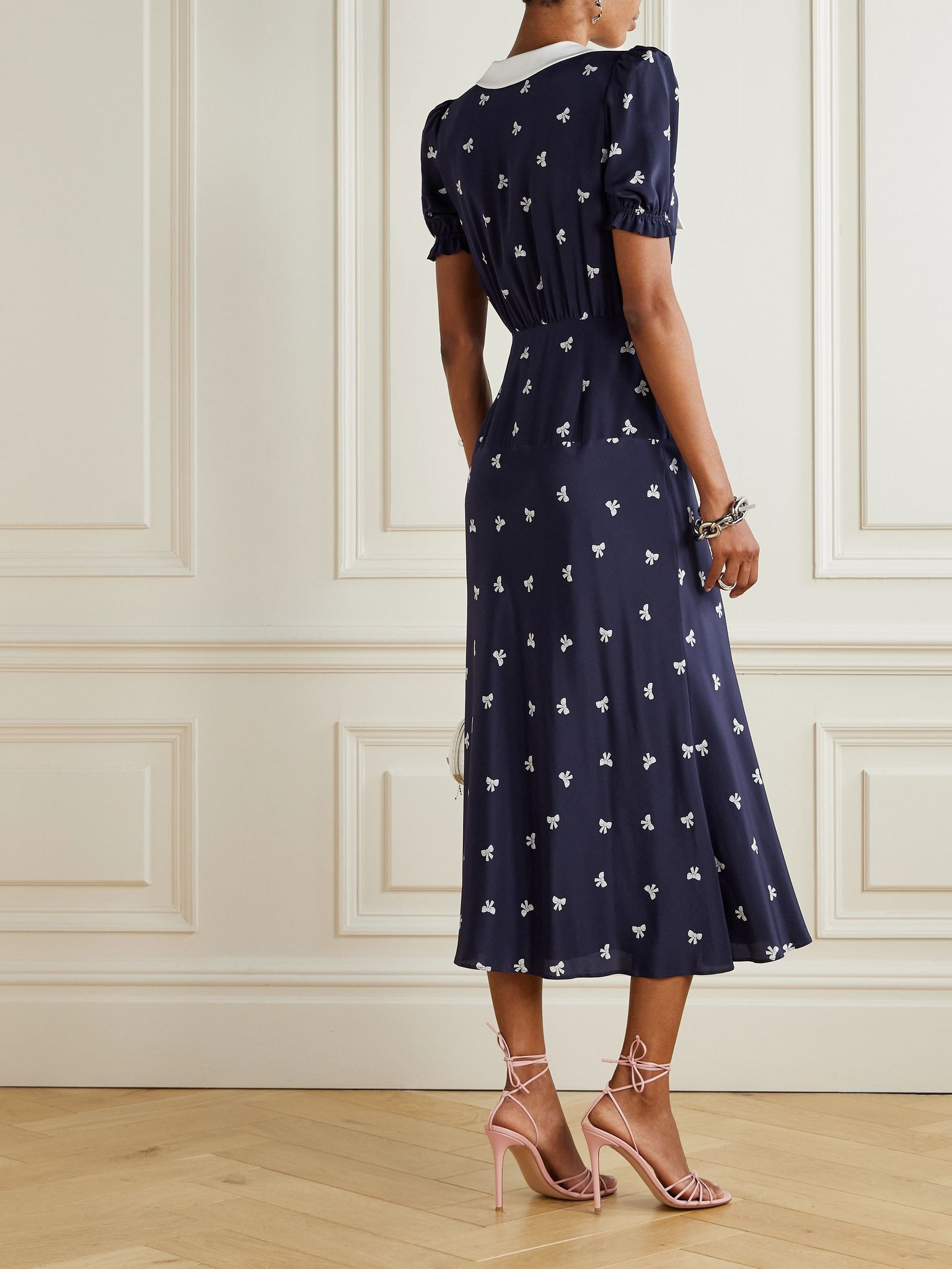 Crepe-trimmed gathered printed silk midi dress Navy - 3