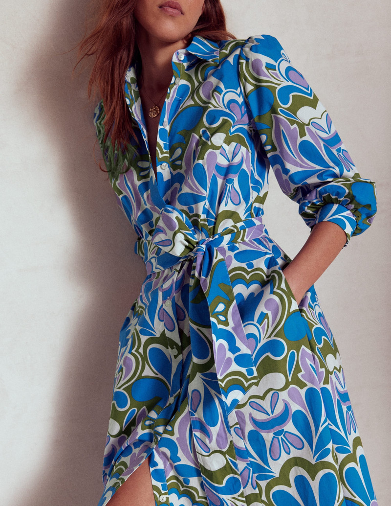 Clara Cotton Shirt Dress-Kingfisher Blue, Freesia Stamp 5