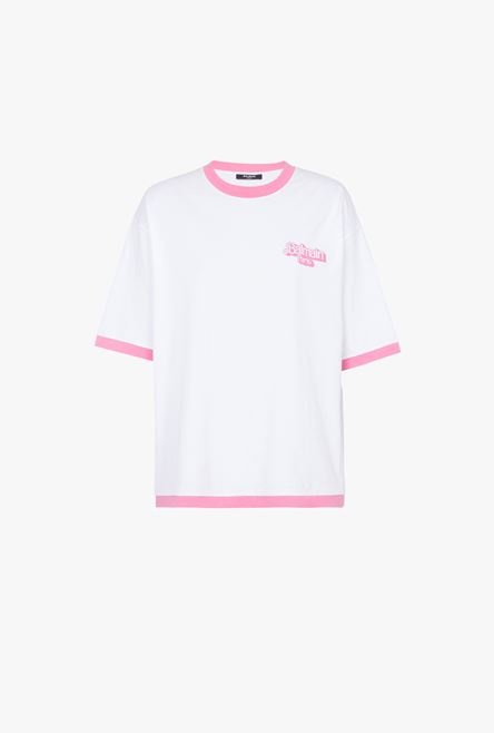 Balmain x Barbie - White eco-designed cotton T-shirt with pink Balmain logo print - 1