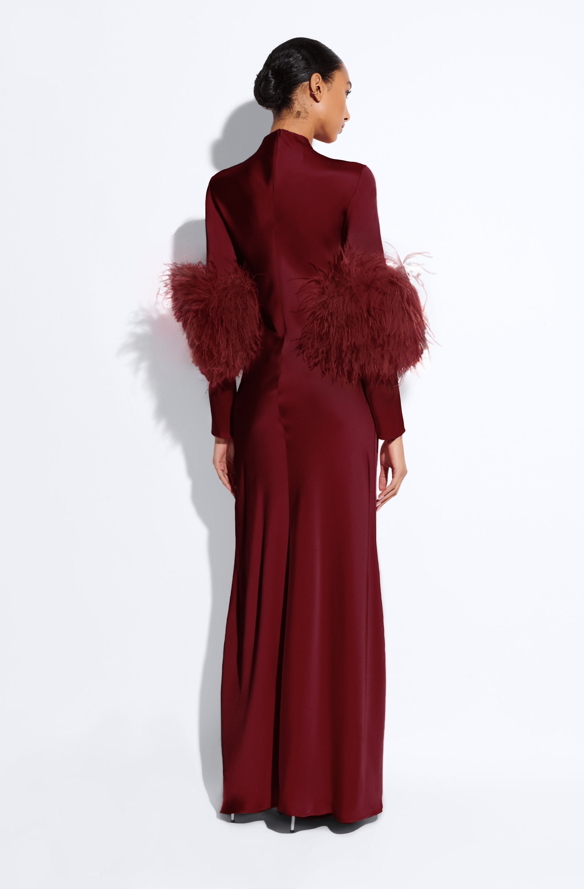 Satin Tab Gown With Feathers - 3
