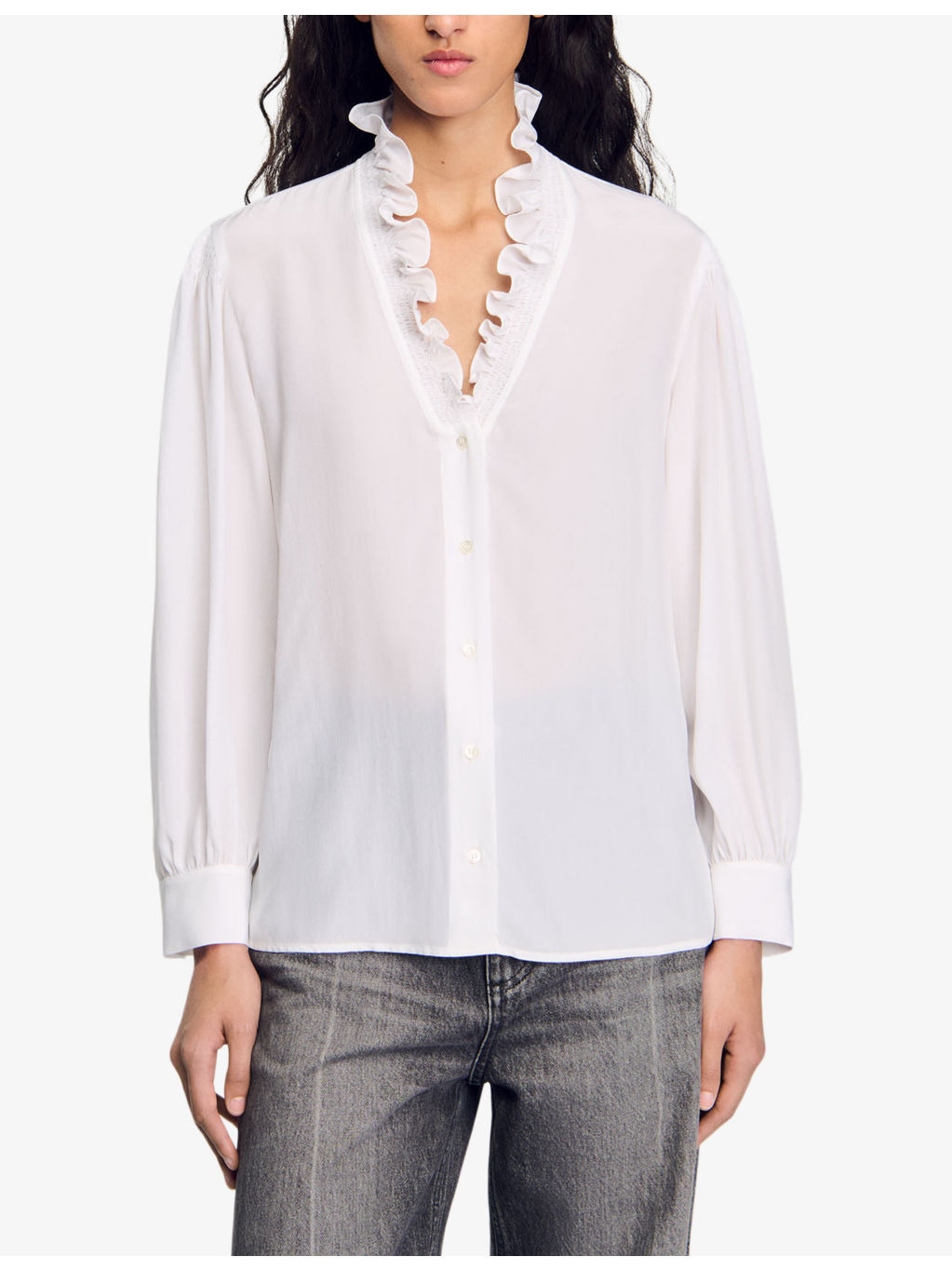Ruffle-neck long-sleeve silk shirt - 3