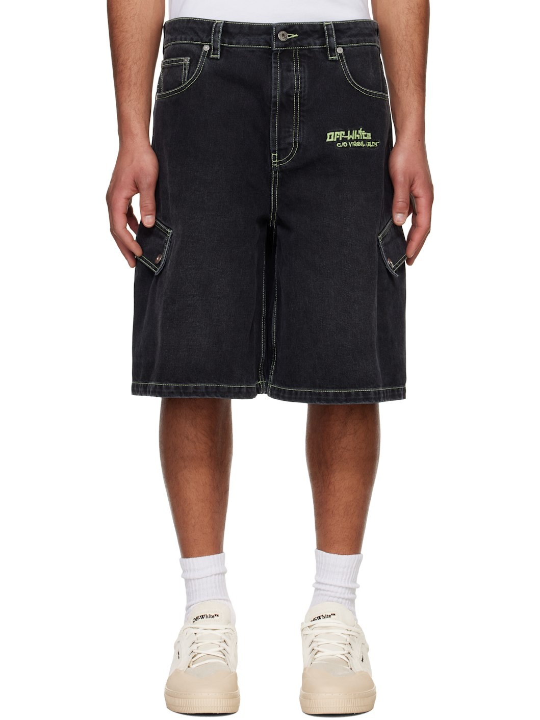 Black Safari Cargo Denim Shorts - 1