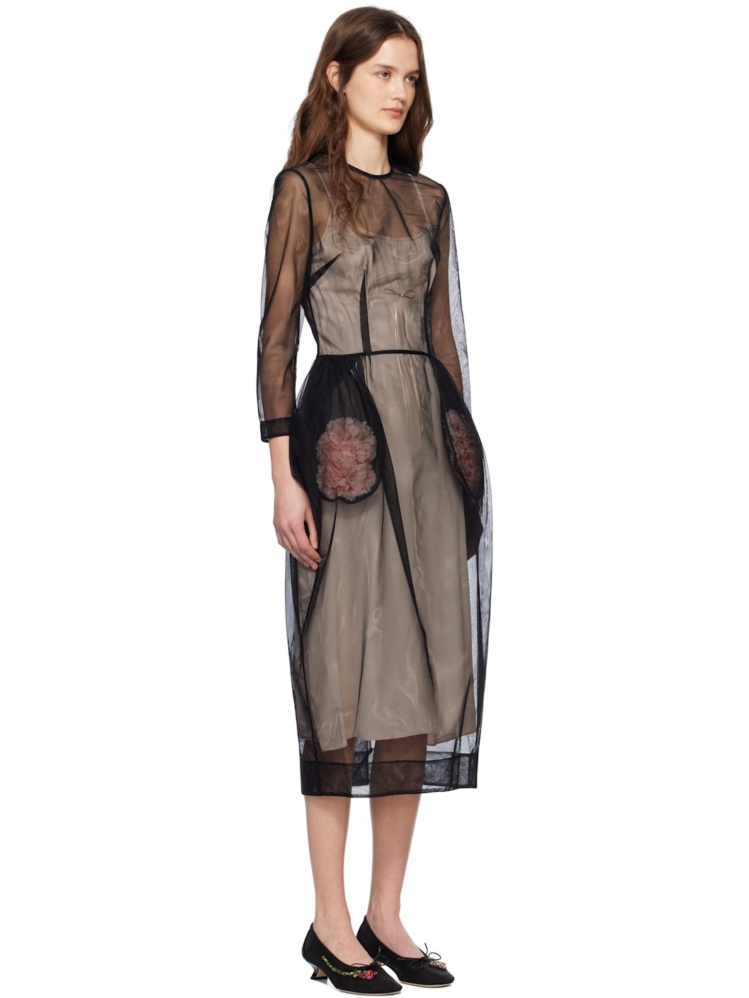 Black Stuffed Carnation Pocket Midi Dress - 2