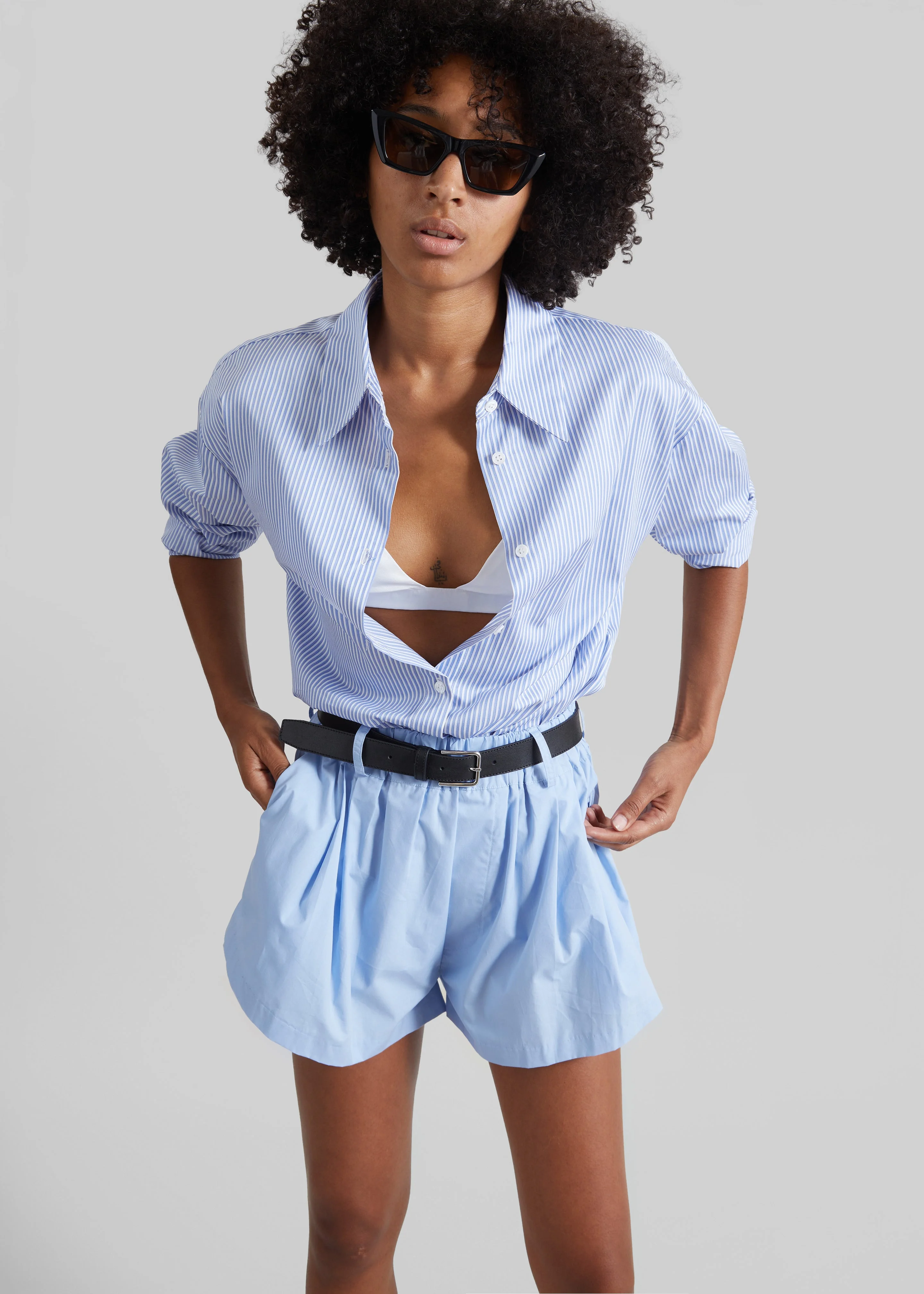 Castalia Cotton Gathered Shorts - Sky Blue - 1