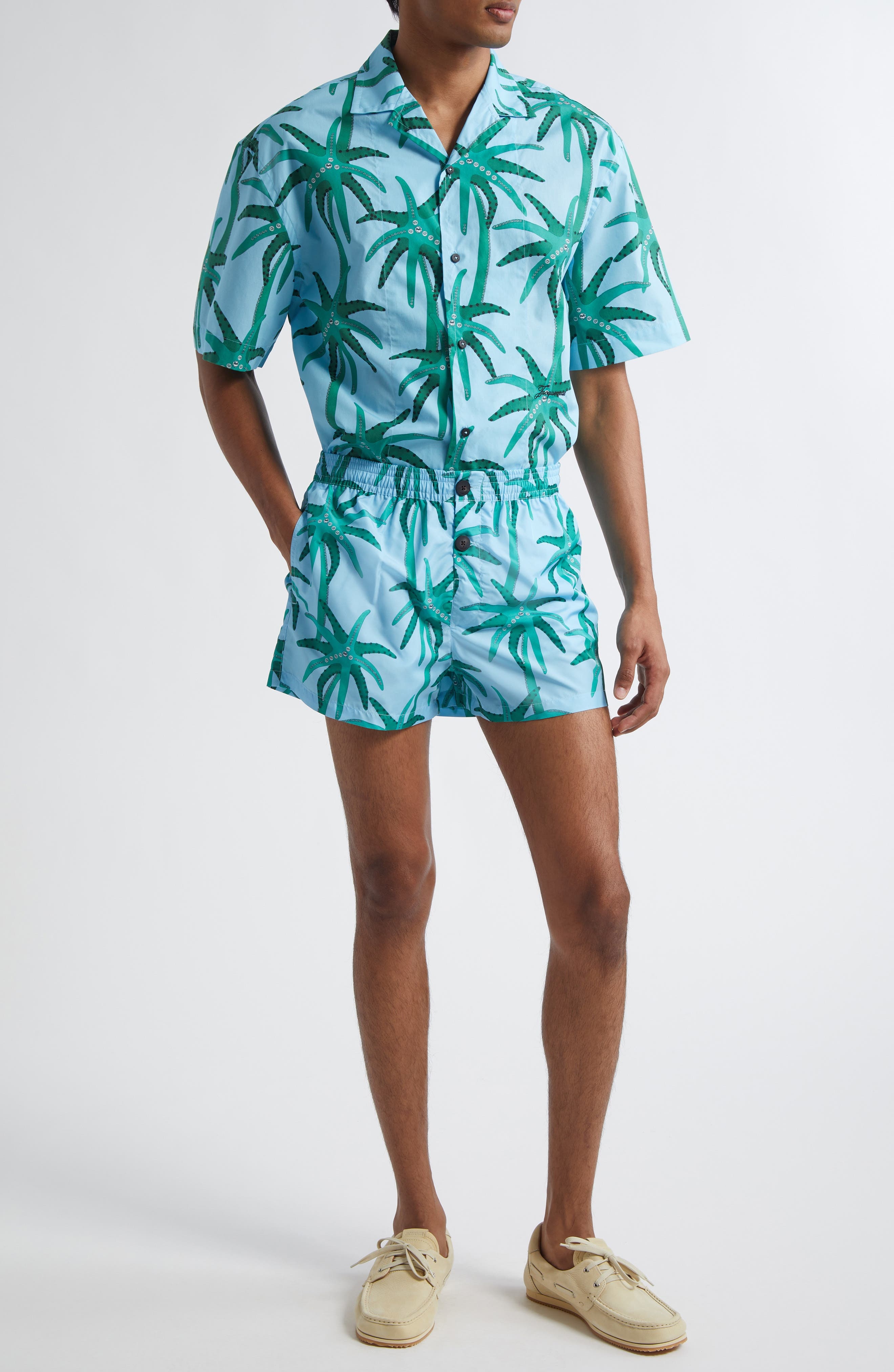 Jacquemus La Chemise Jean Camp Shirt in Print Palmtrees Star Blue at Nordstrom - 2