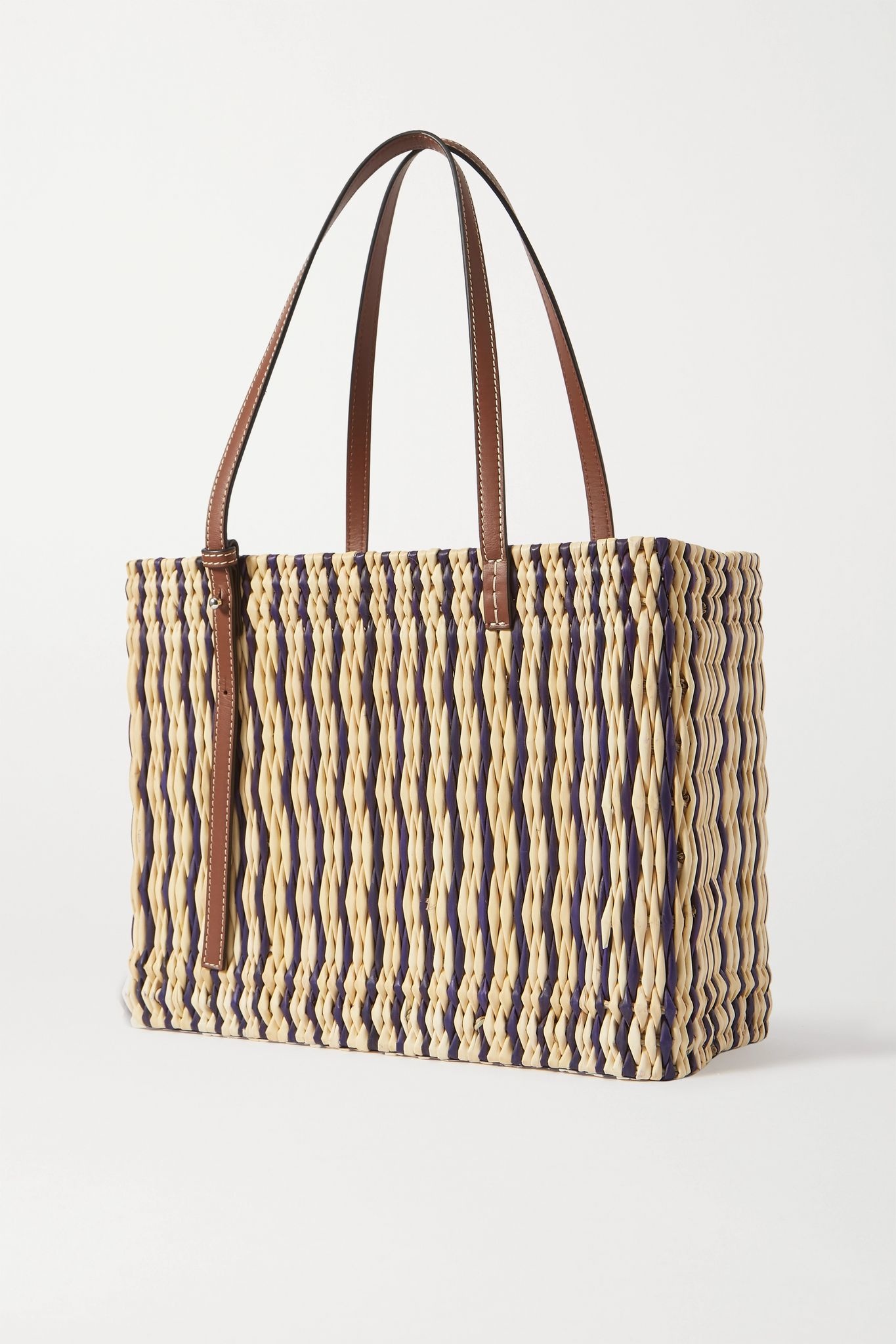 + Paula's Ibiza medium leather-trimmed striped woven raffia tote  - 3