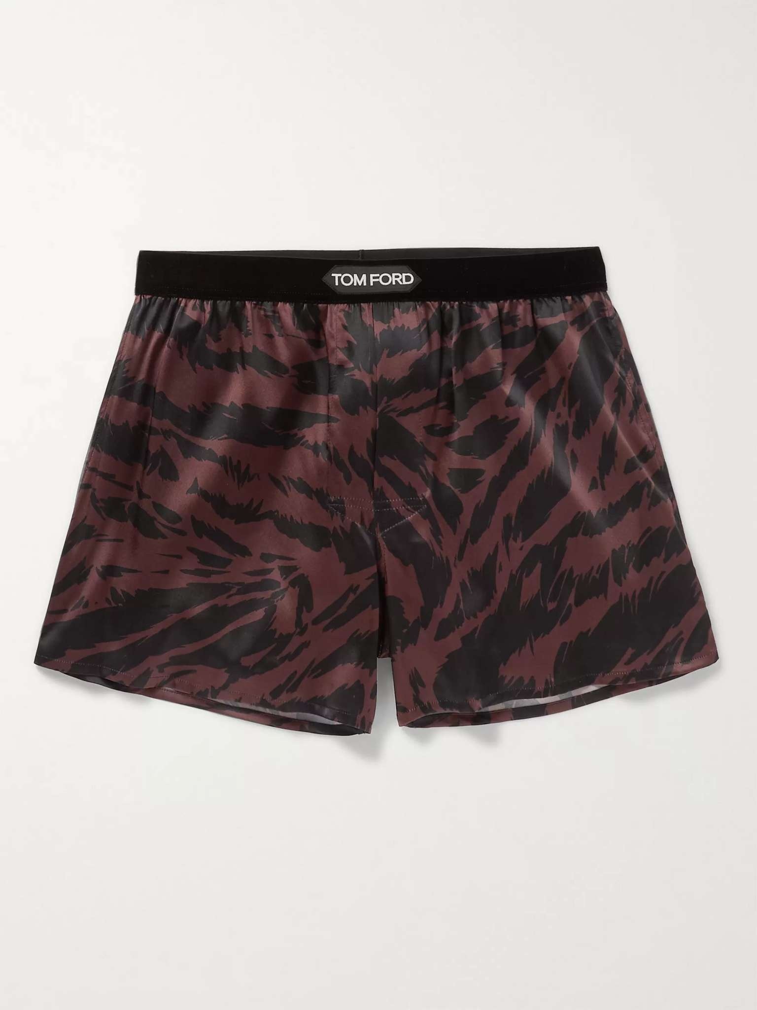 Velvet-Trimmed Zebra-Print Stretch-Silk Satin Boxer Shorts - 1