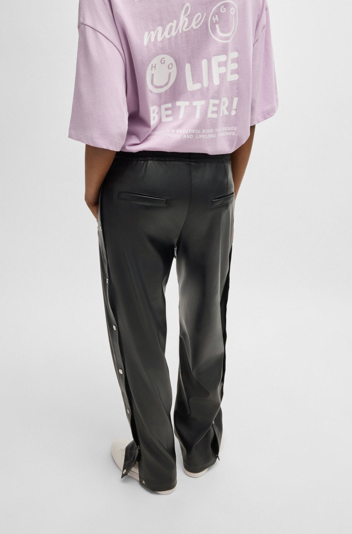 STRAIGHT-LEG TROUSERS IN FAUX LEATHER WITH PRESS-STUDS - 4