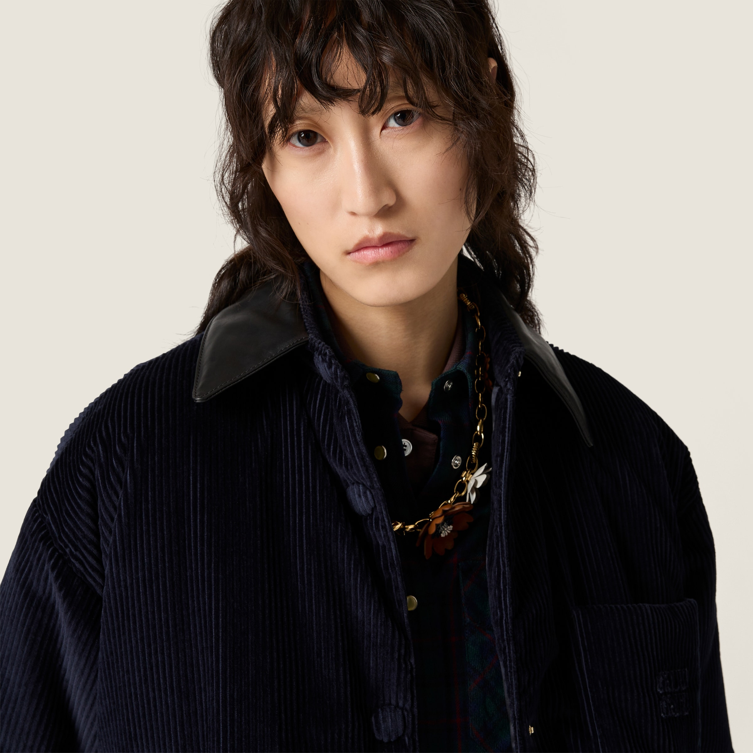 Corduroy and nappa leather down jacket - 4