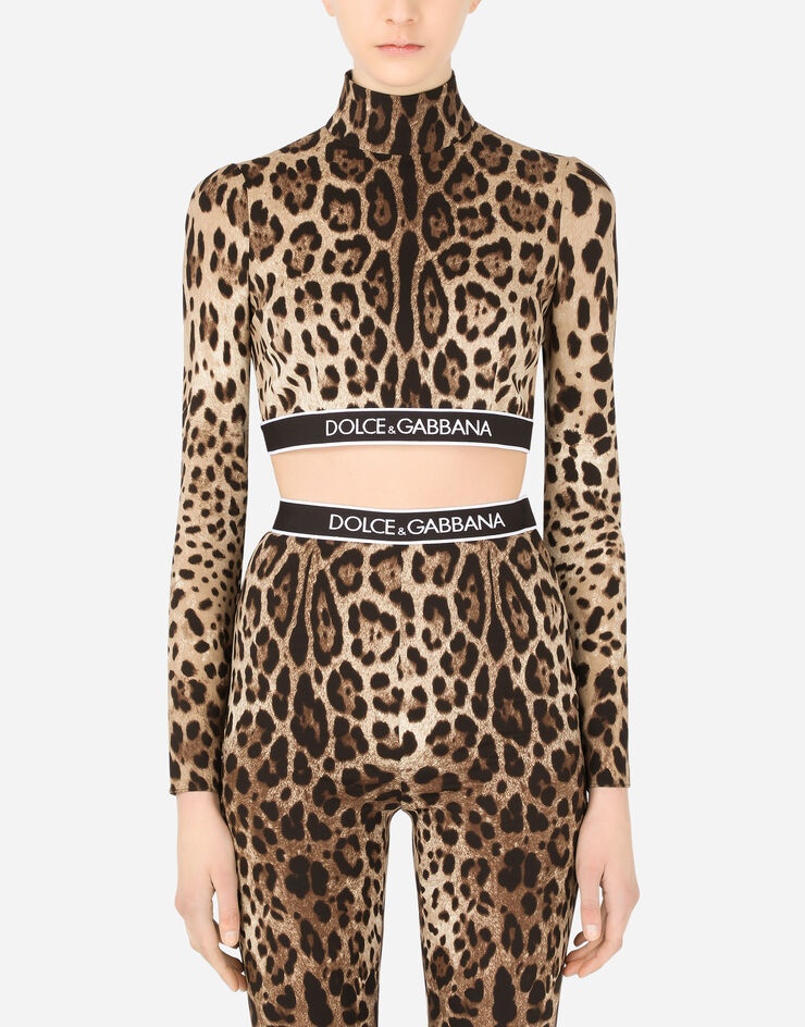 Long-sleeved leopard-print charmeuse top with branded elastic - 1