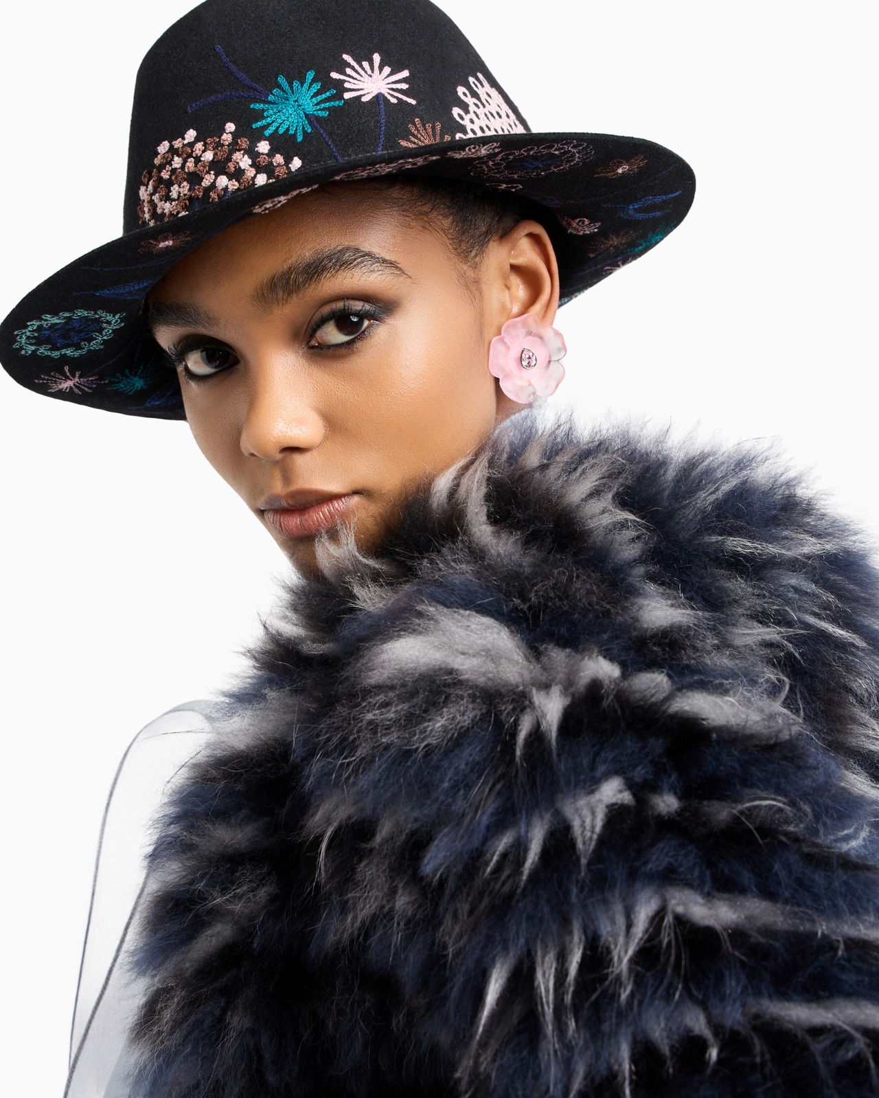 Floral embroidered rabbit fur hat - 4