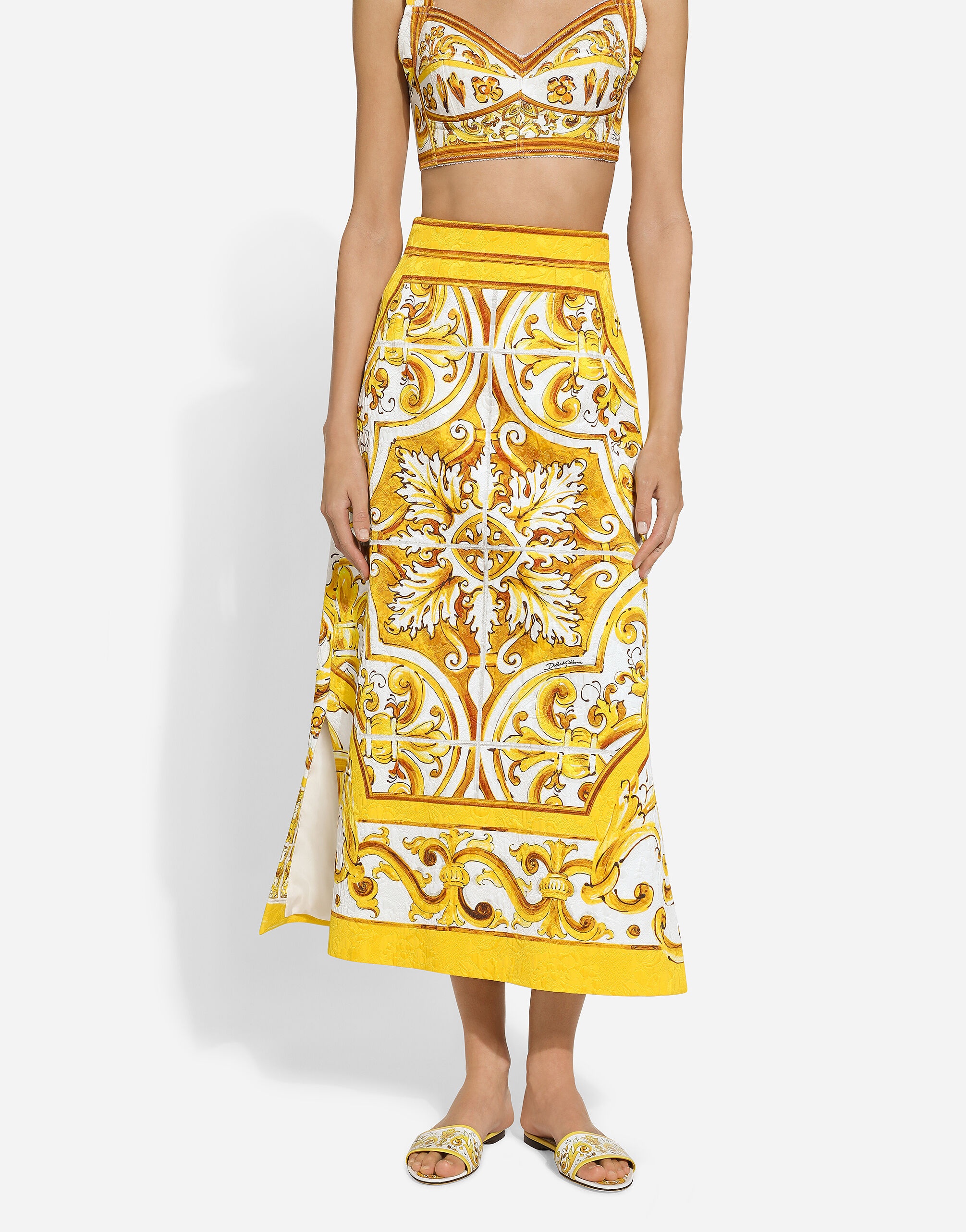 Majolica-print brocade calf-length skirt - 4