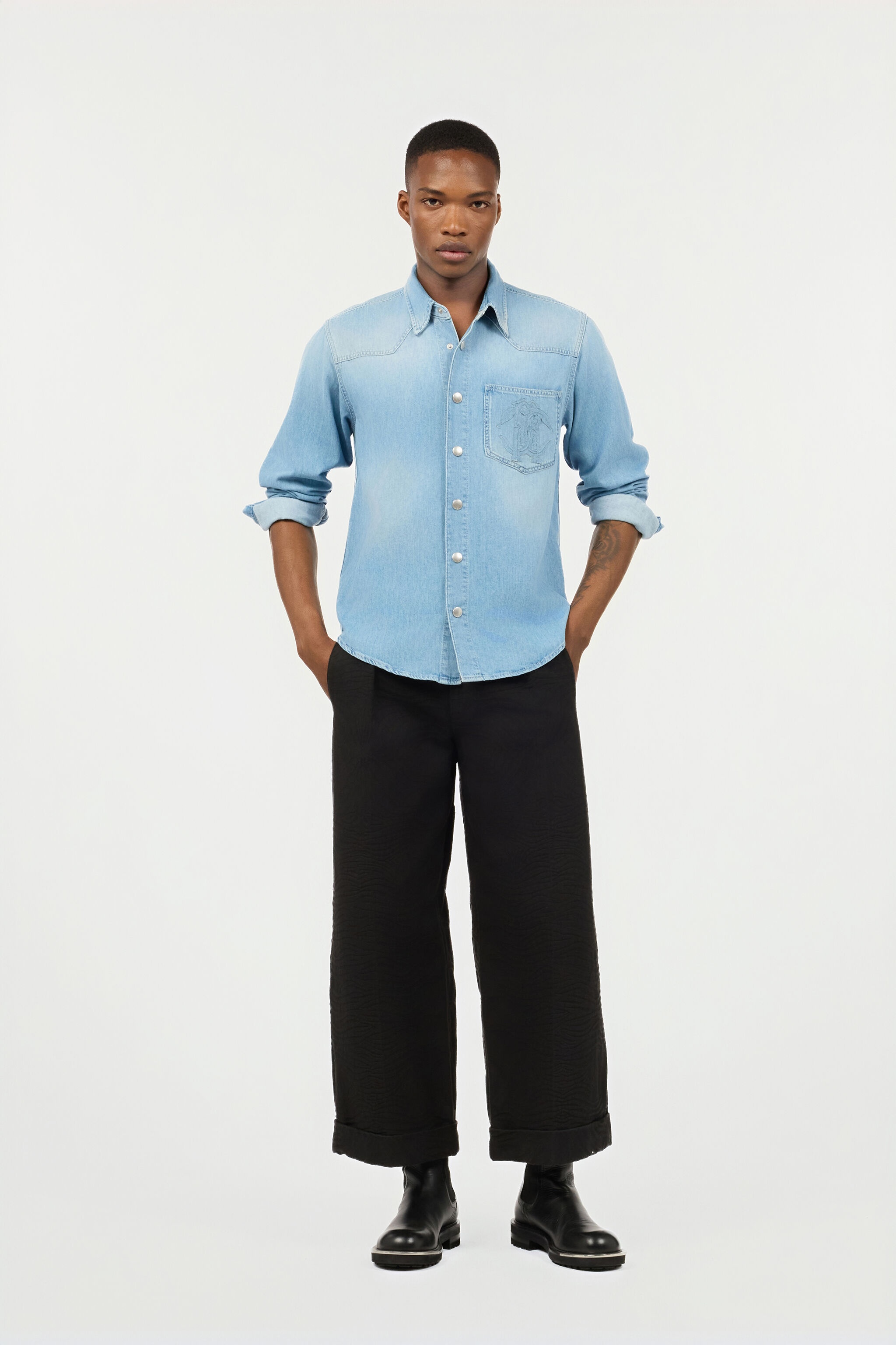 Denim Shirt With Mirror Snake Monogram - 2