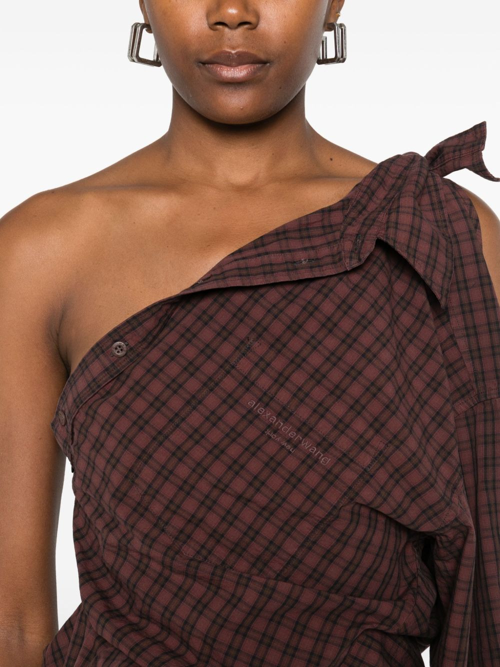 one-shoulder checked-pattern mini dress - 5