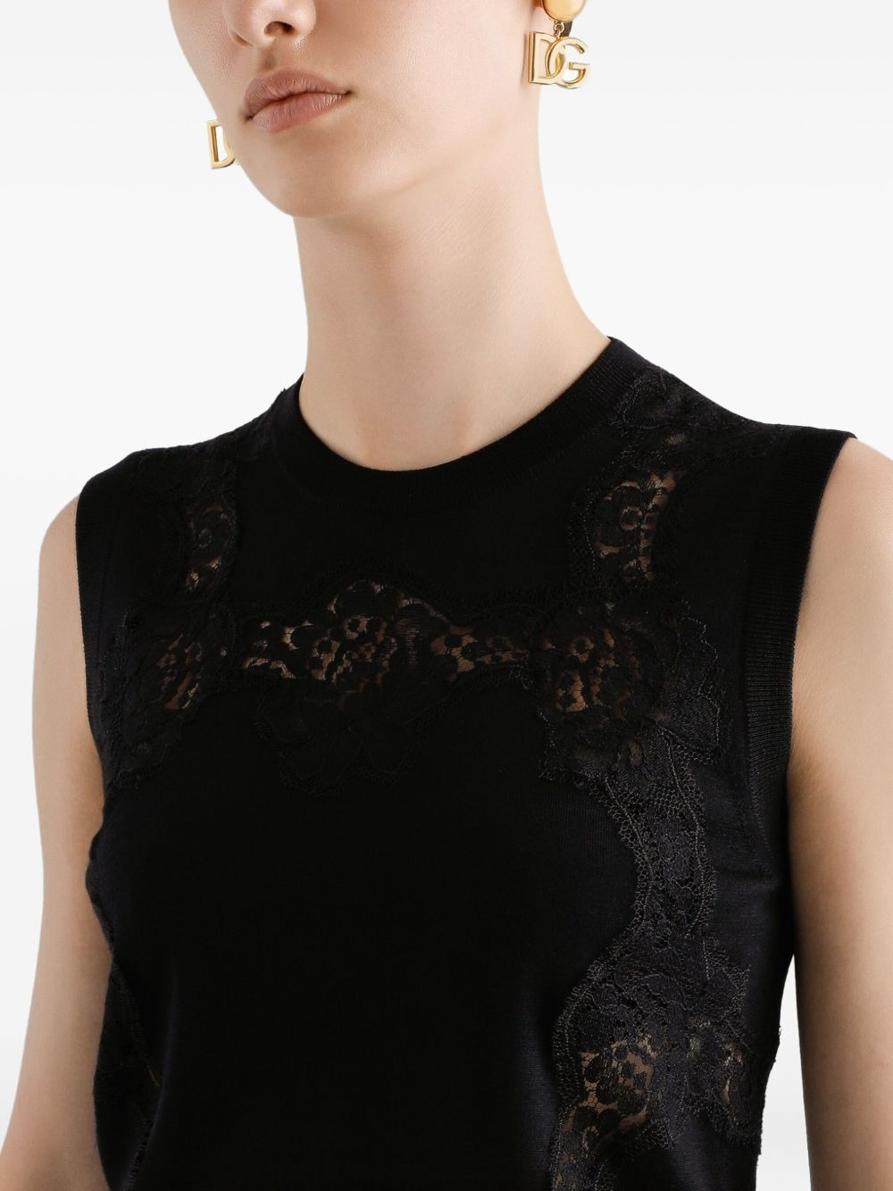 lace-panel sleeveless top - 4