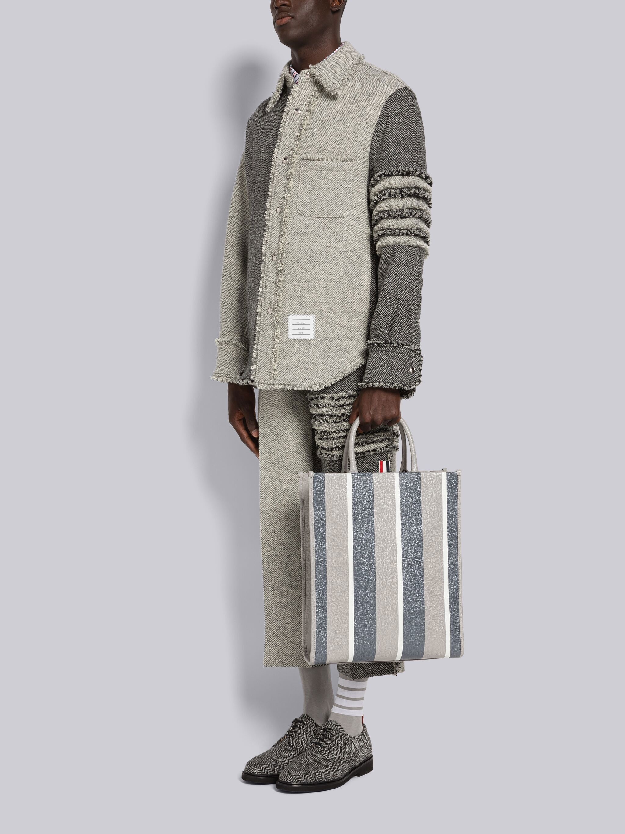 Stripe Pebble Grain Leather Vertical Tote - 6