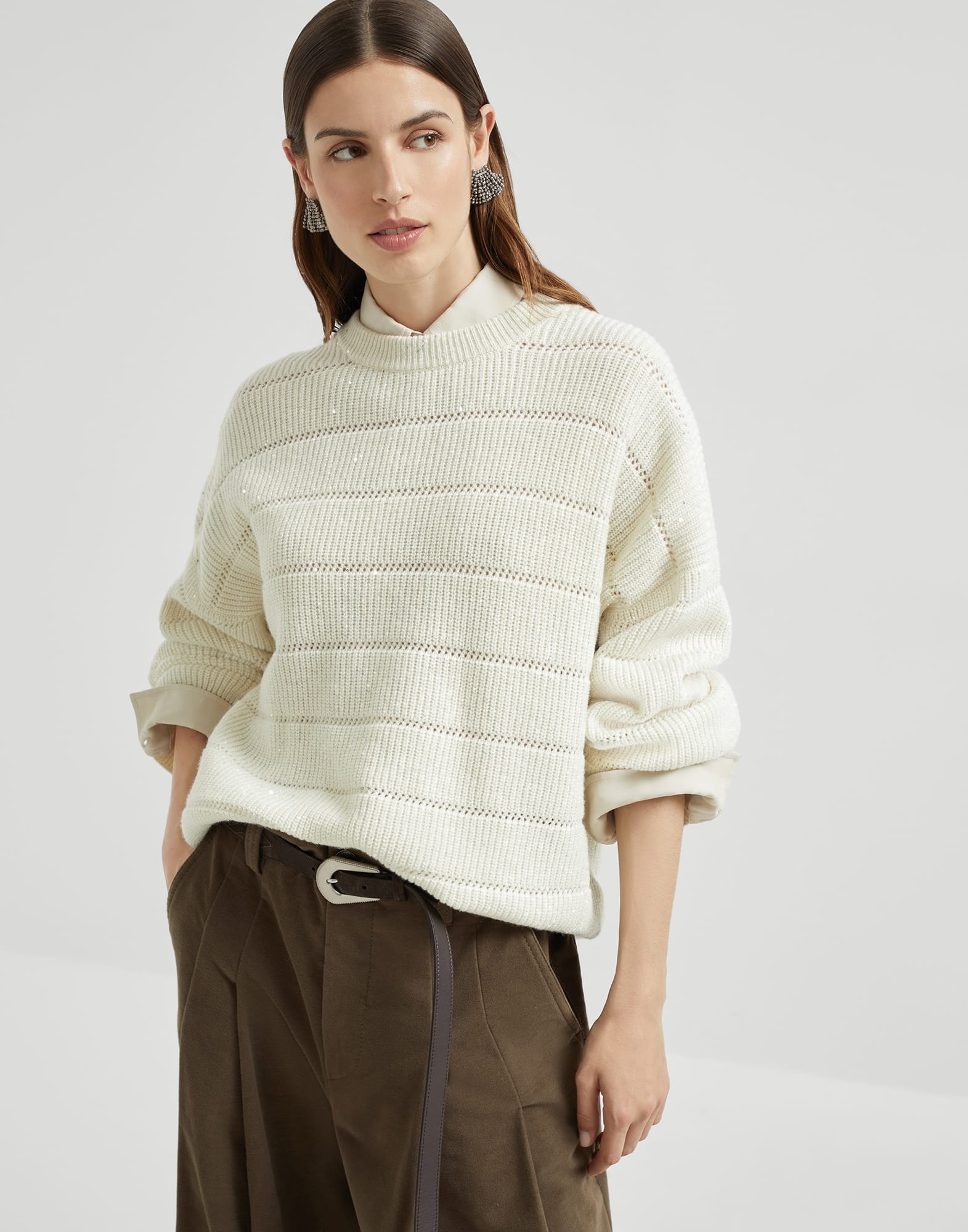 Dazzling cashmere and wool ribbed sweater with openwork stripe - 4