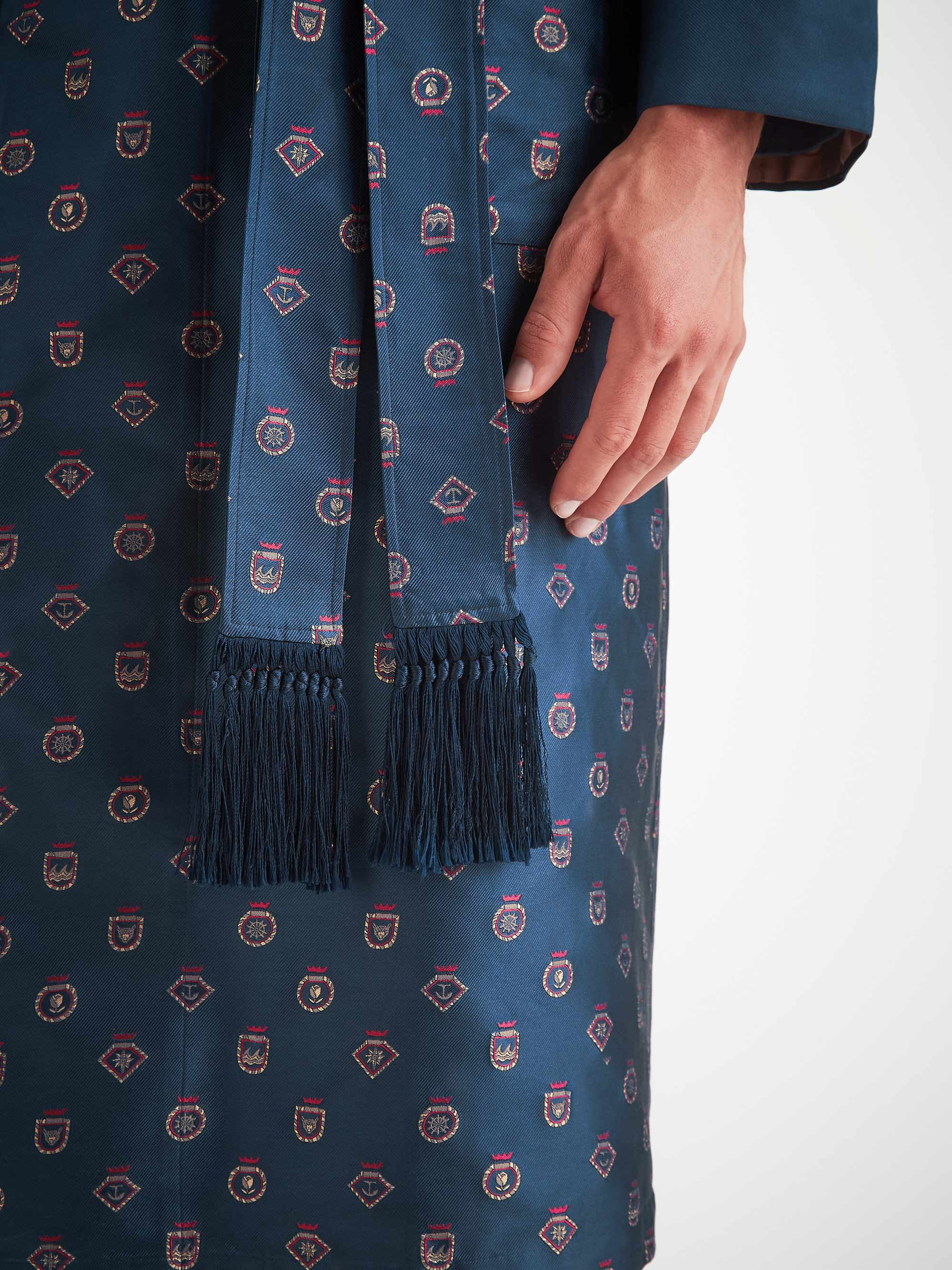 Men's Robe Silk Jacquard Navy Badge Pattern - 7