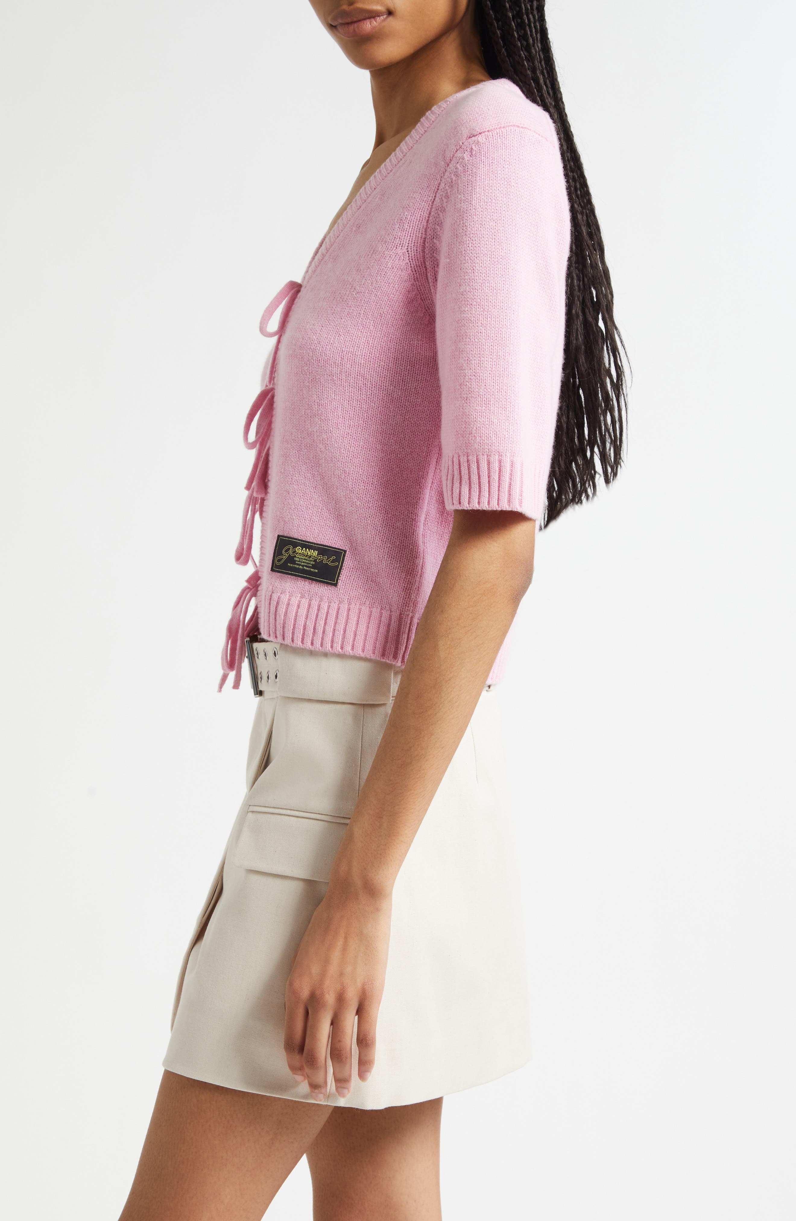 Ganni Tie Front Wool Blend Cardigan in Primrose Pink at Nordstrom - 4
