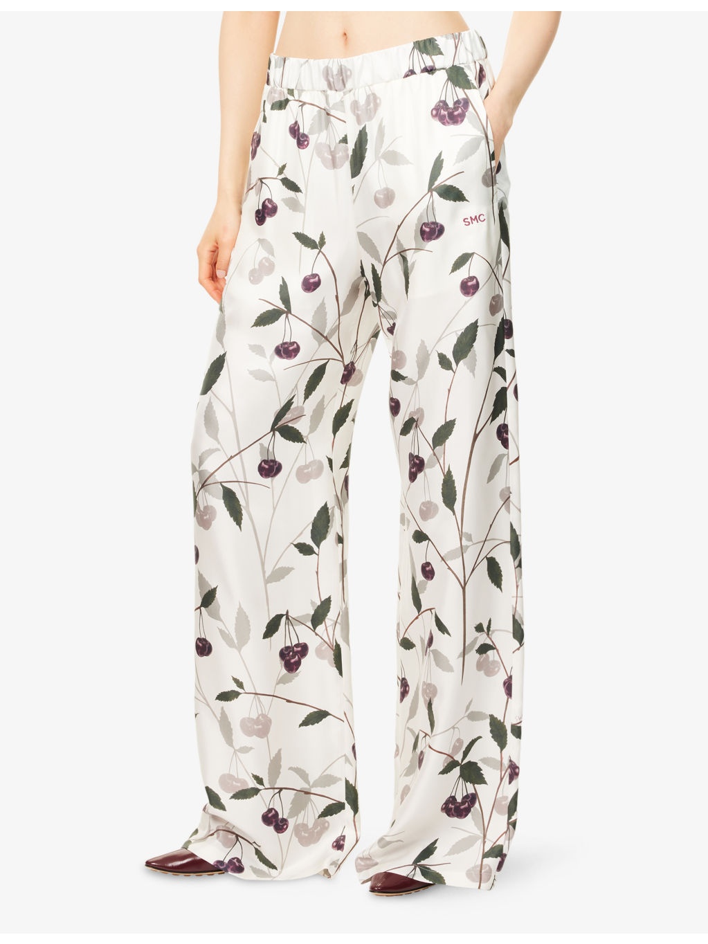 Cherry-Print Wide-Leg Silk Trousers - 3